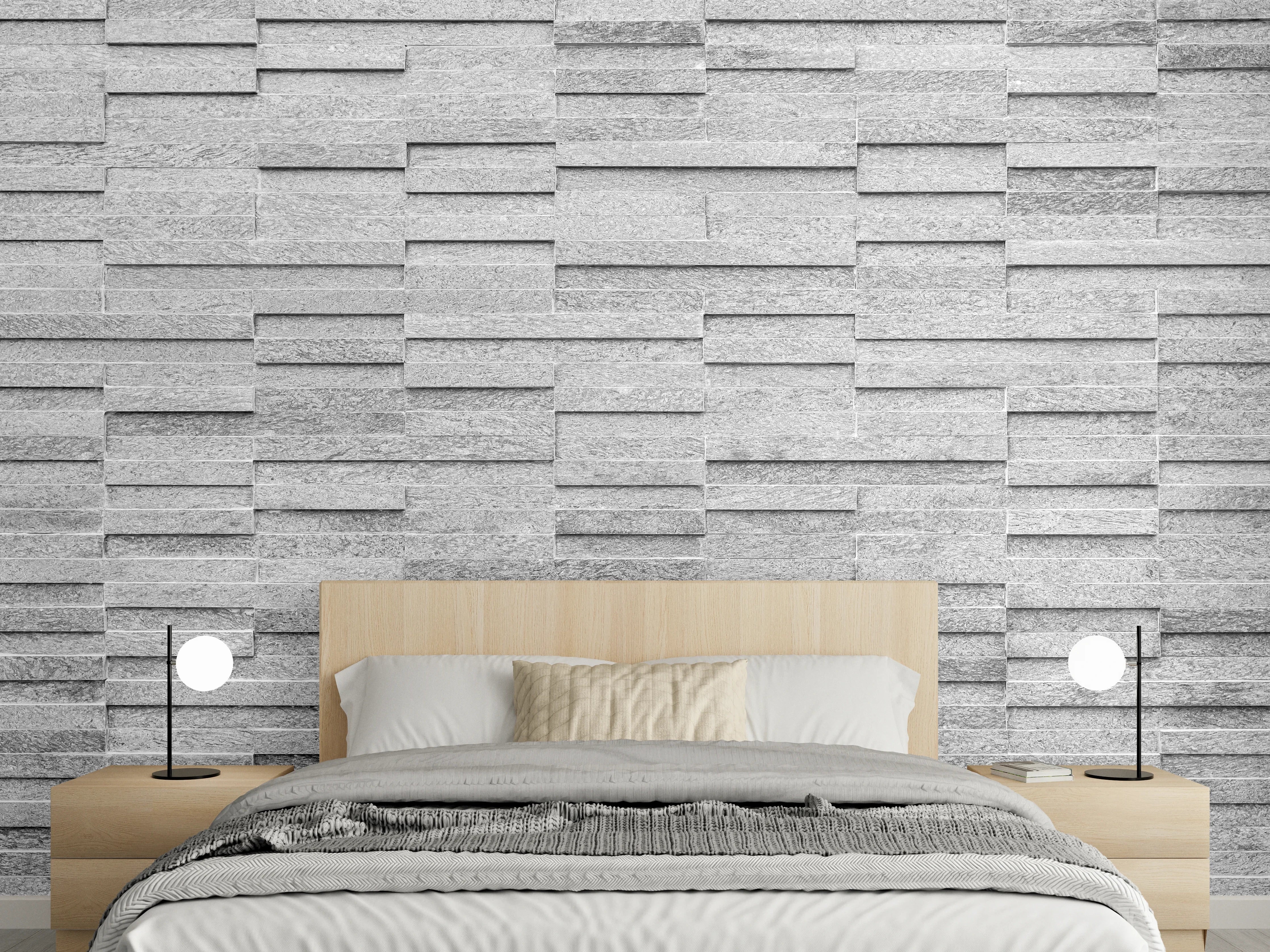 Wandverkleidung Schlafzimmer - Moderne graue Steinschnittwand
