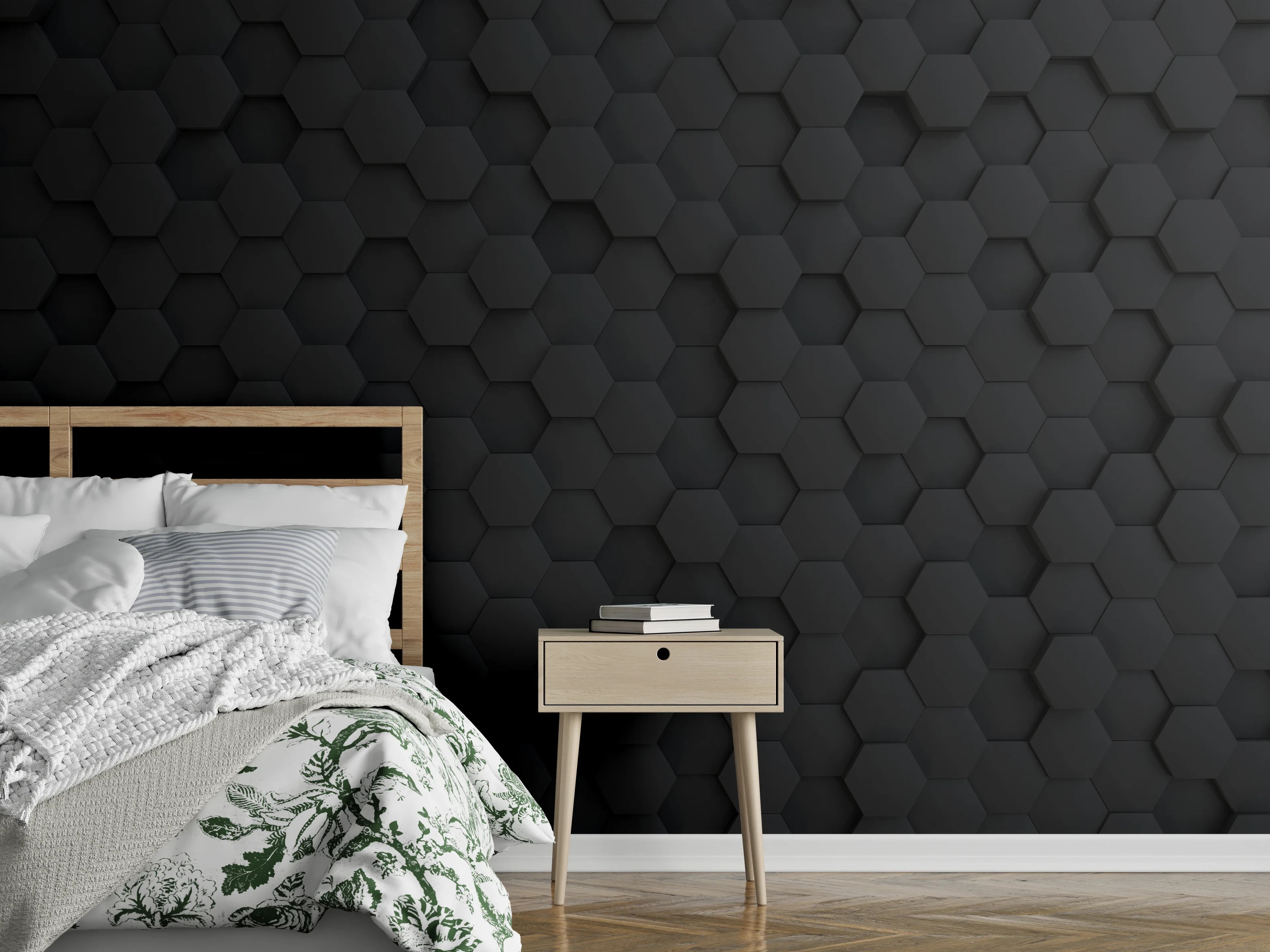 Wandverkleidung Schlafzimmer - Moderner schwarzer Hexagon-Design Hintergrund
