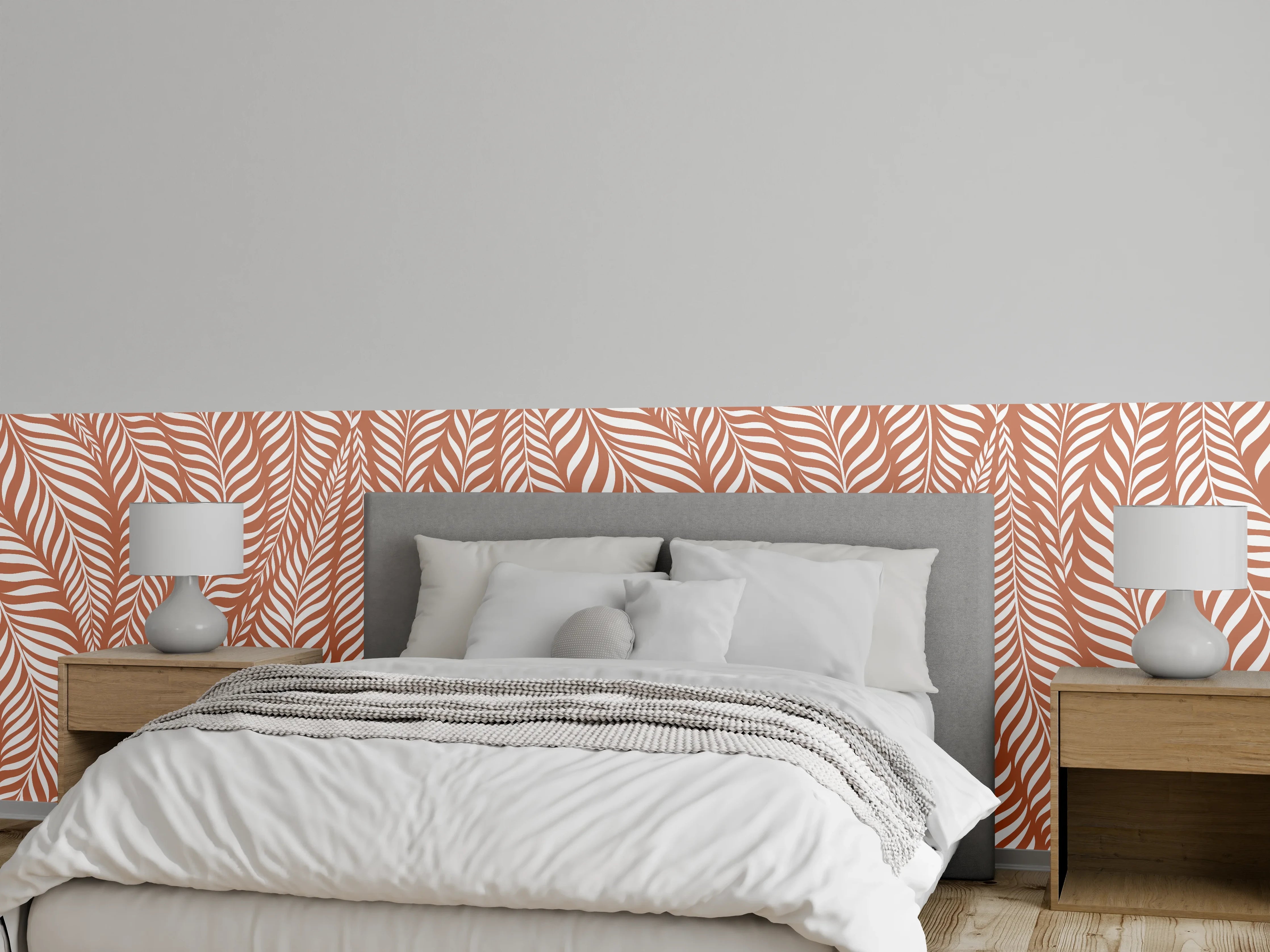 Wandverkleidung Schlafzimmer - Modernes Blätter-Muster in Braun-Weiß