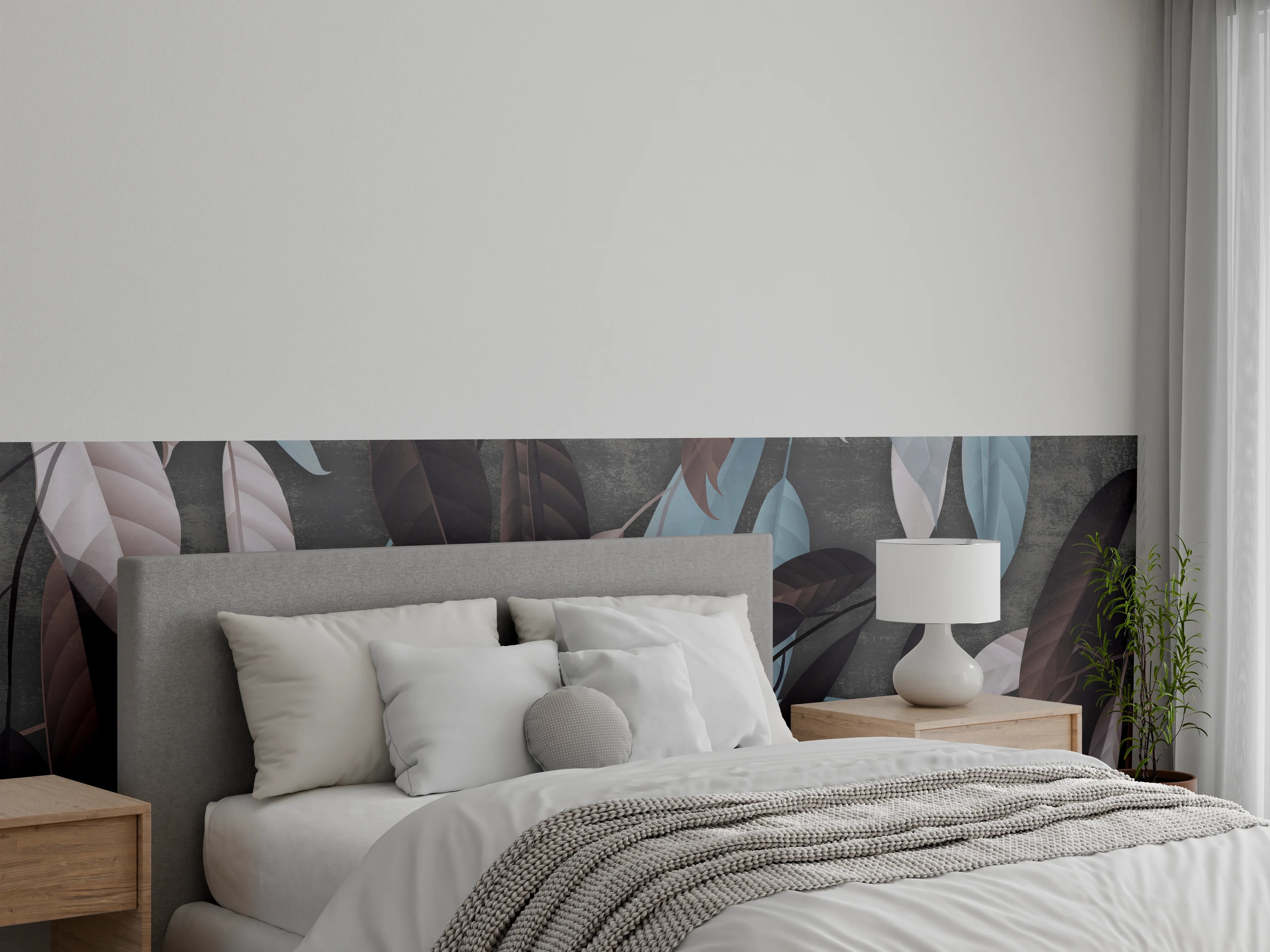 Wandverkleidung Schlafzimmer - Modernes Blätterdesign in Braun und Blau