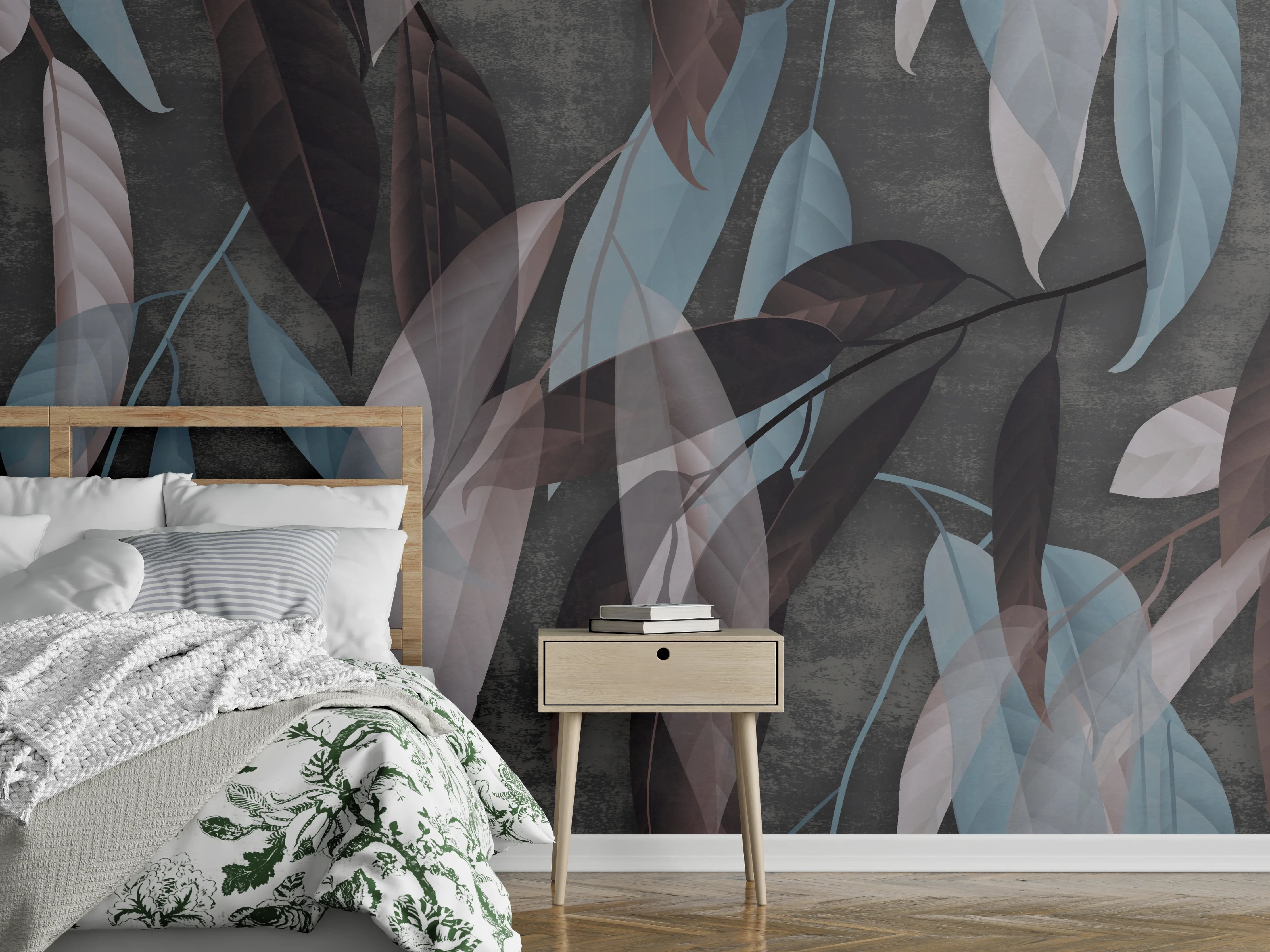 Wandverkleidung Schlafzimmer - Modernes Blätterdesign in Braun und Blau