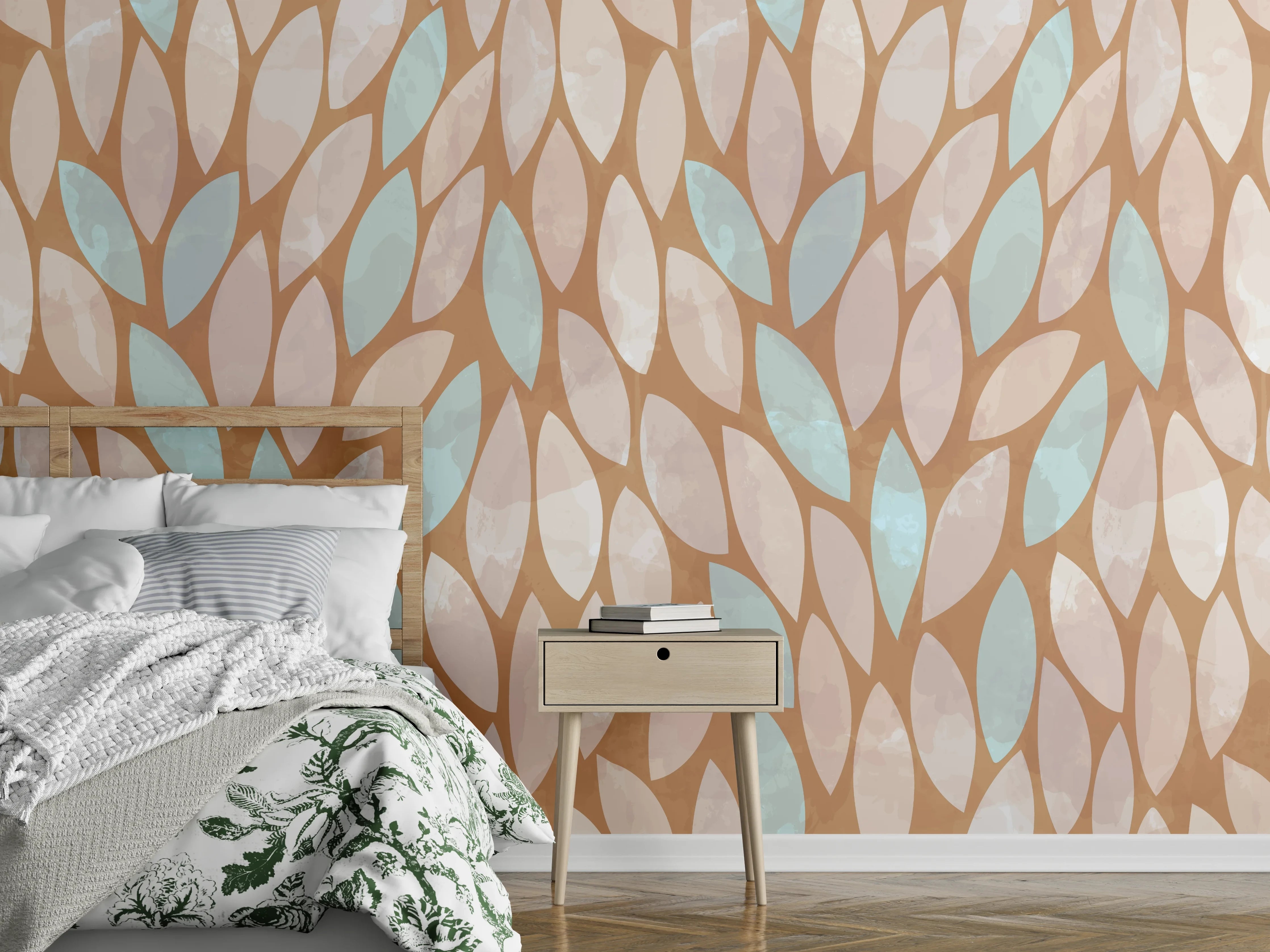 Wandverkleidung Schlafzimmer - Modernes Blättermuster Braun Aquablau