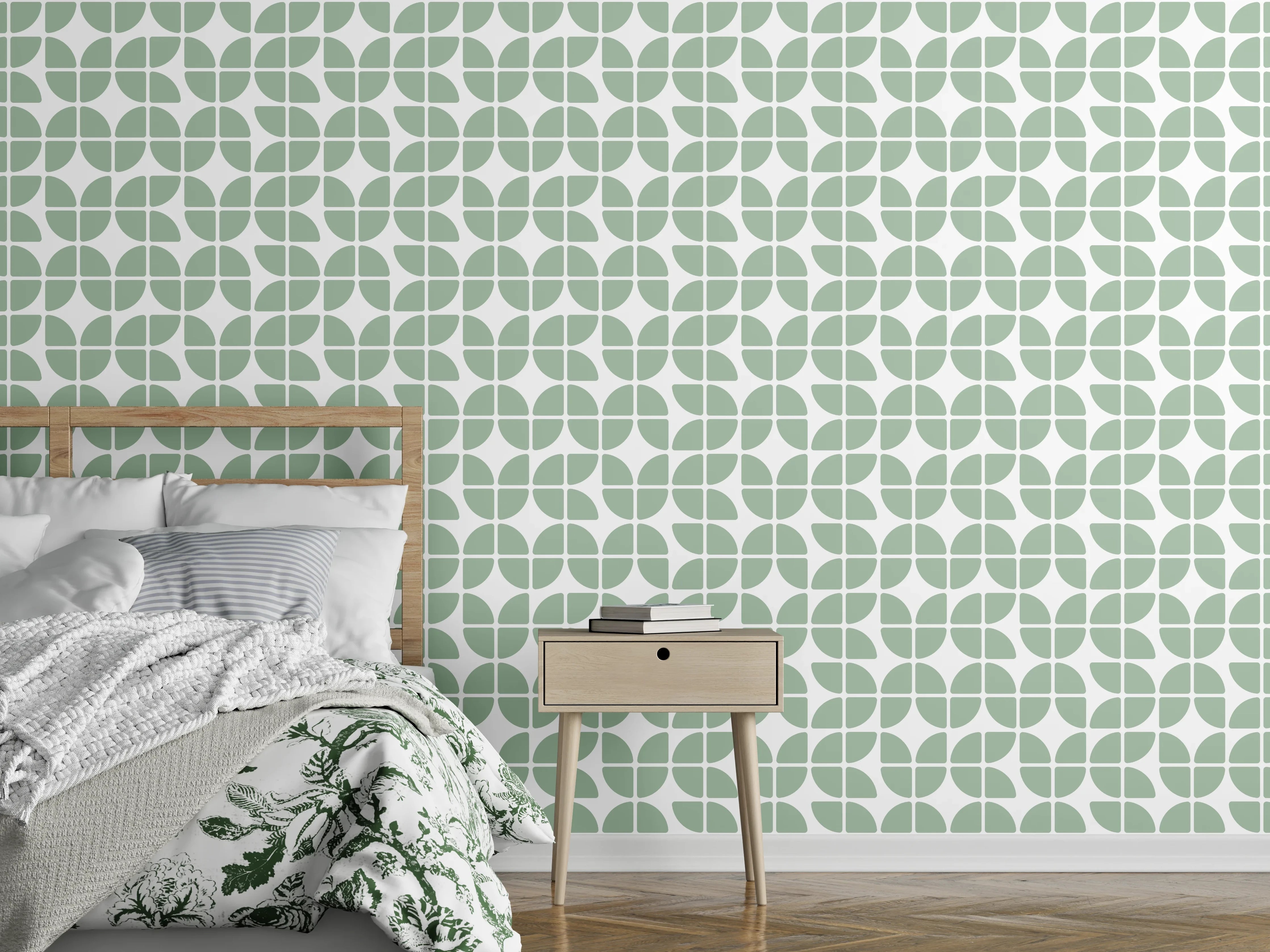 Wandverkleidung Schlafzimmer - Modernes Blättermuster in Grün und Weiß