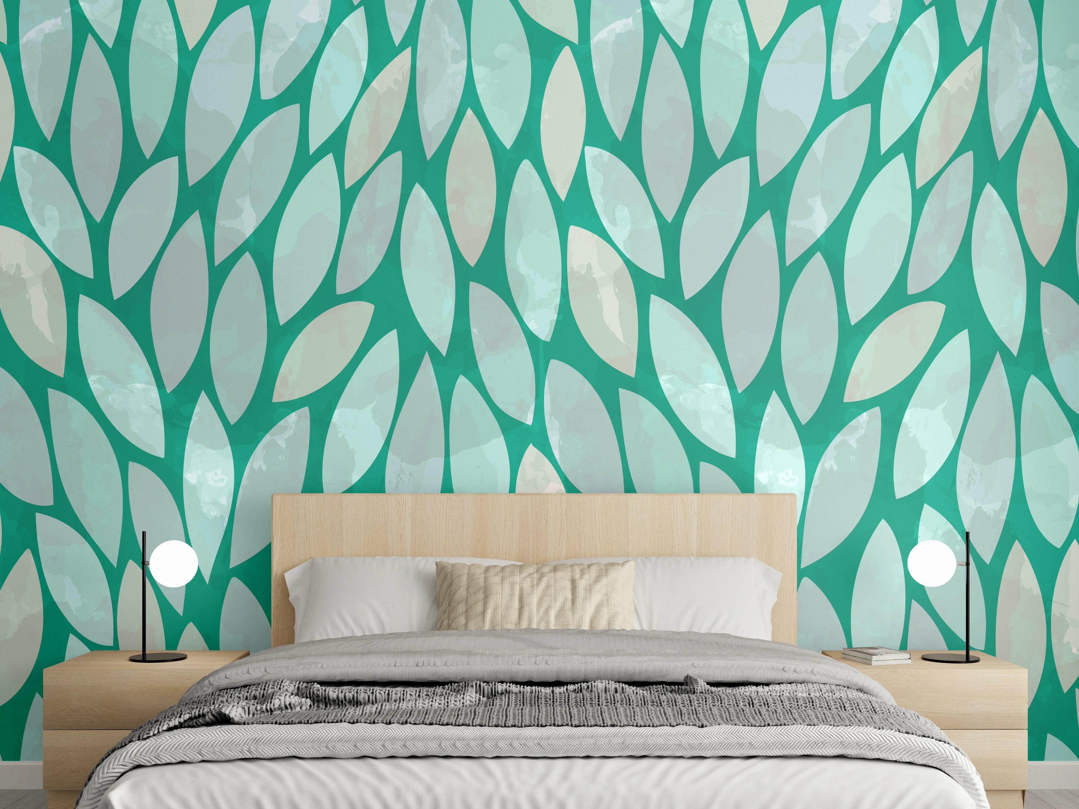 Wandverkleidung Schlafzimmer - Modernes Blättermuster in Türkisgrün