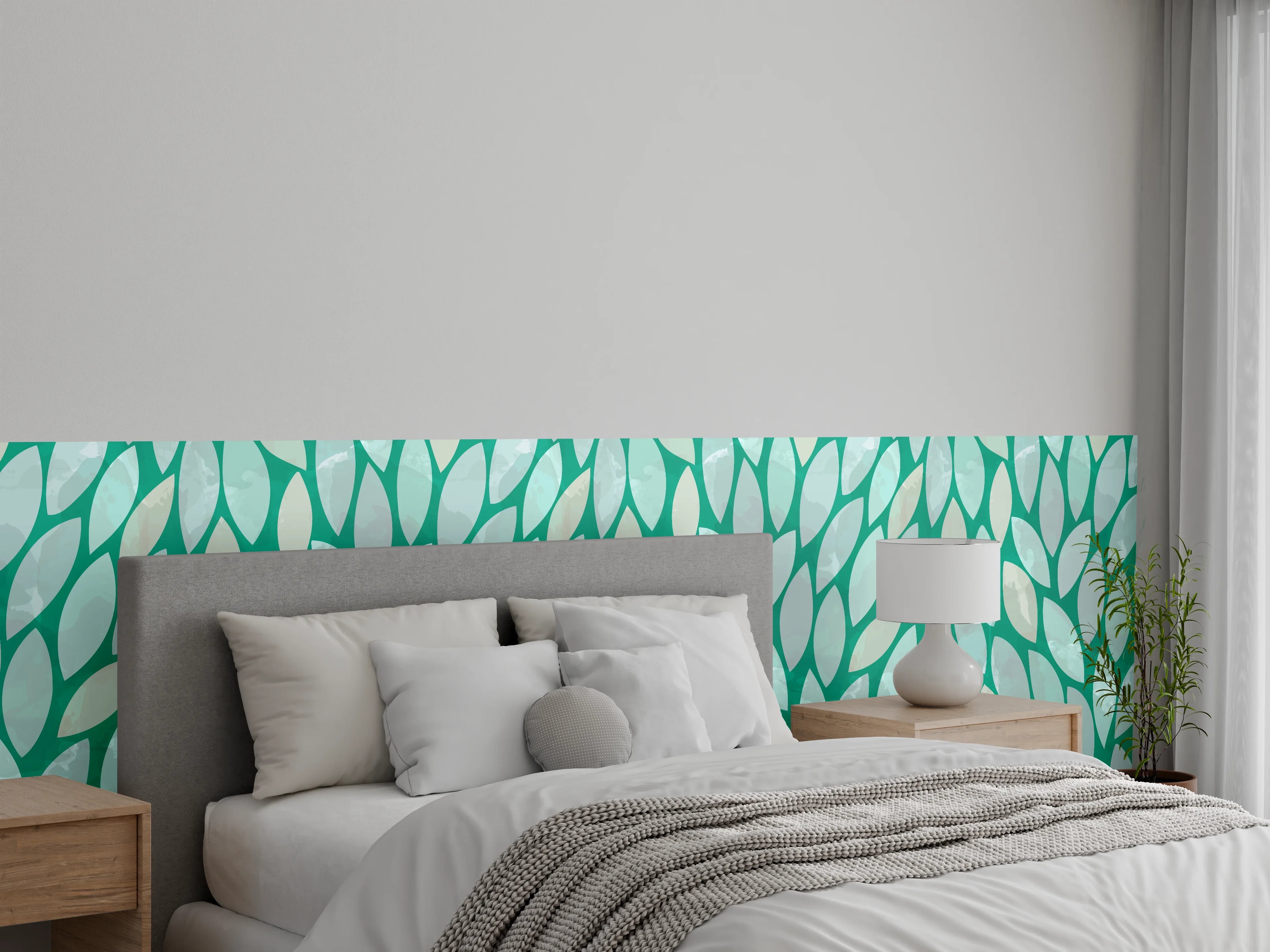 Wandverkleidung Schlafzimmer - Modernes Blättermuster in Türkisgrün