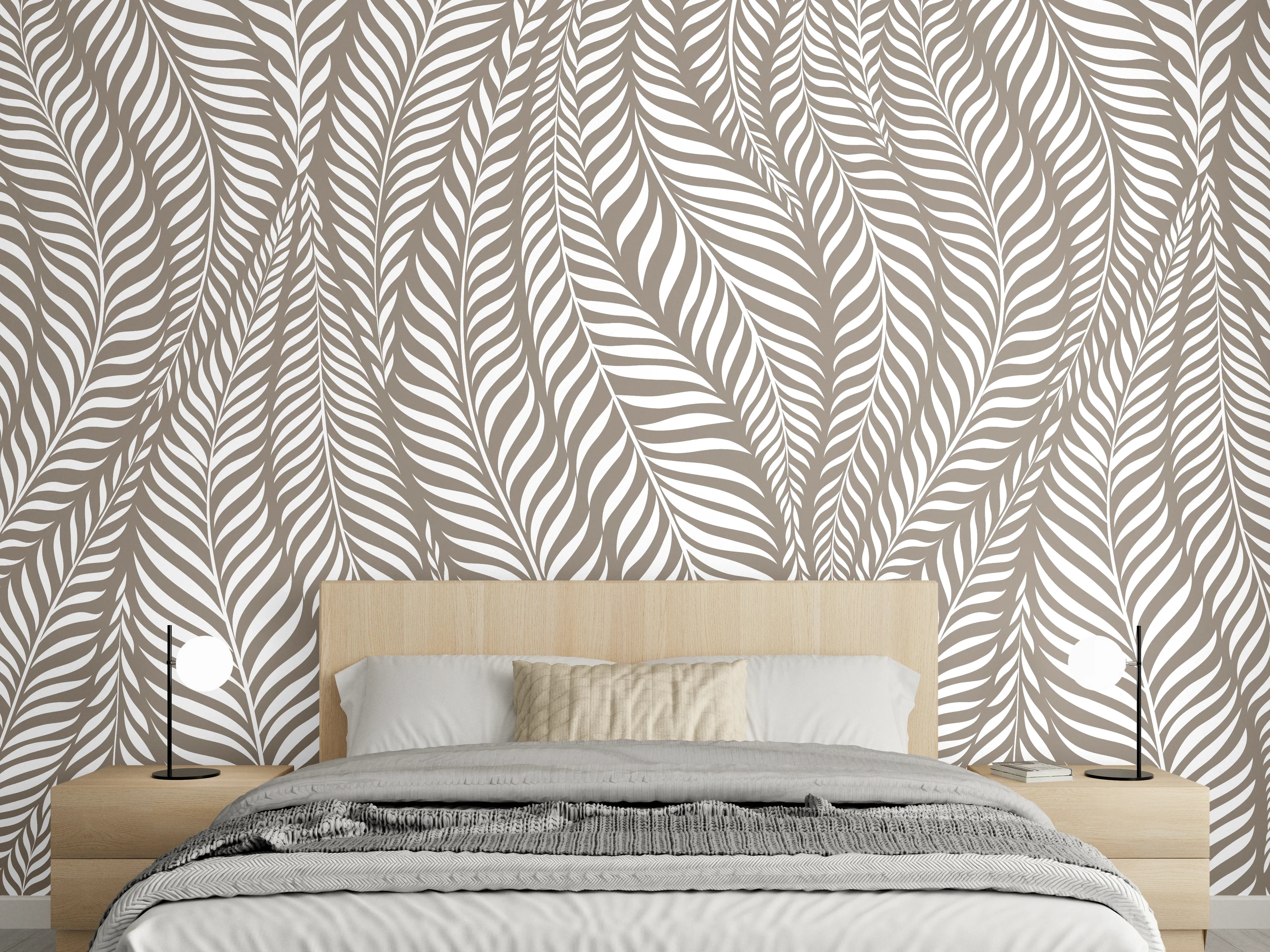 Wandverkleidung Schlafzimmer - Modernes Blättermuster in Weiß-Beige