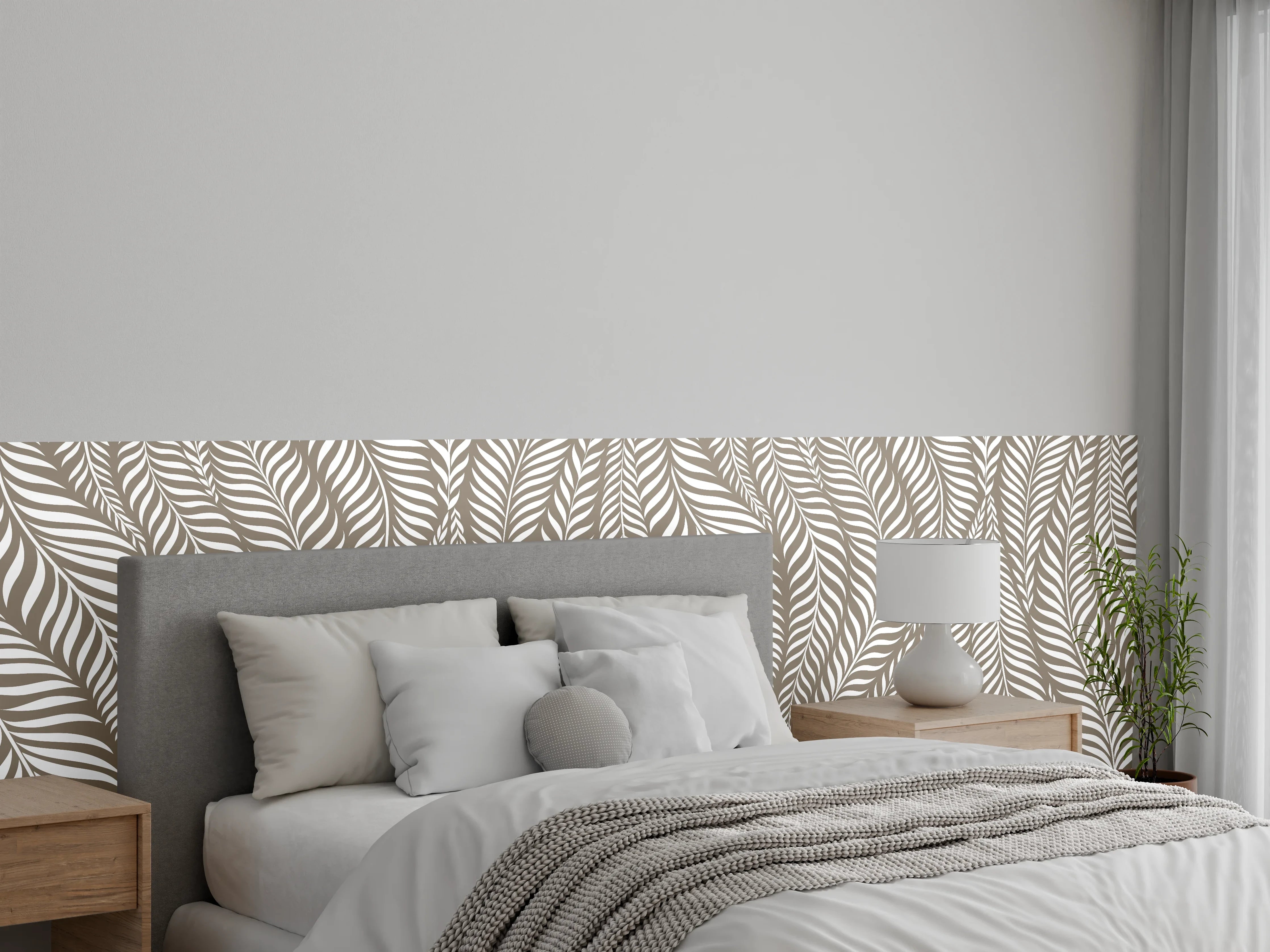 Wandverkleidung Schlafzimmer - Modernes Blättermuster in Weiß-Beige