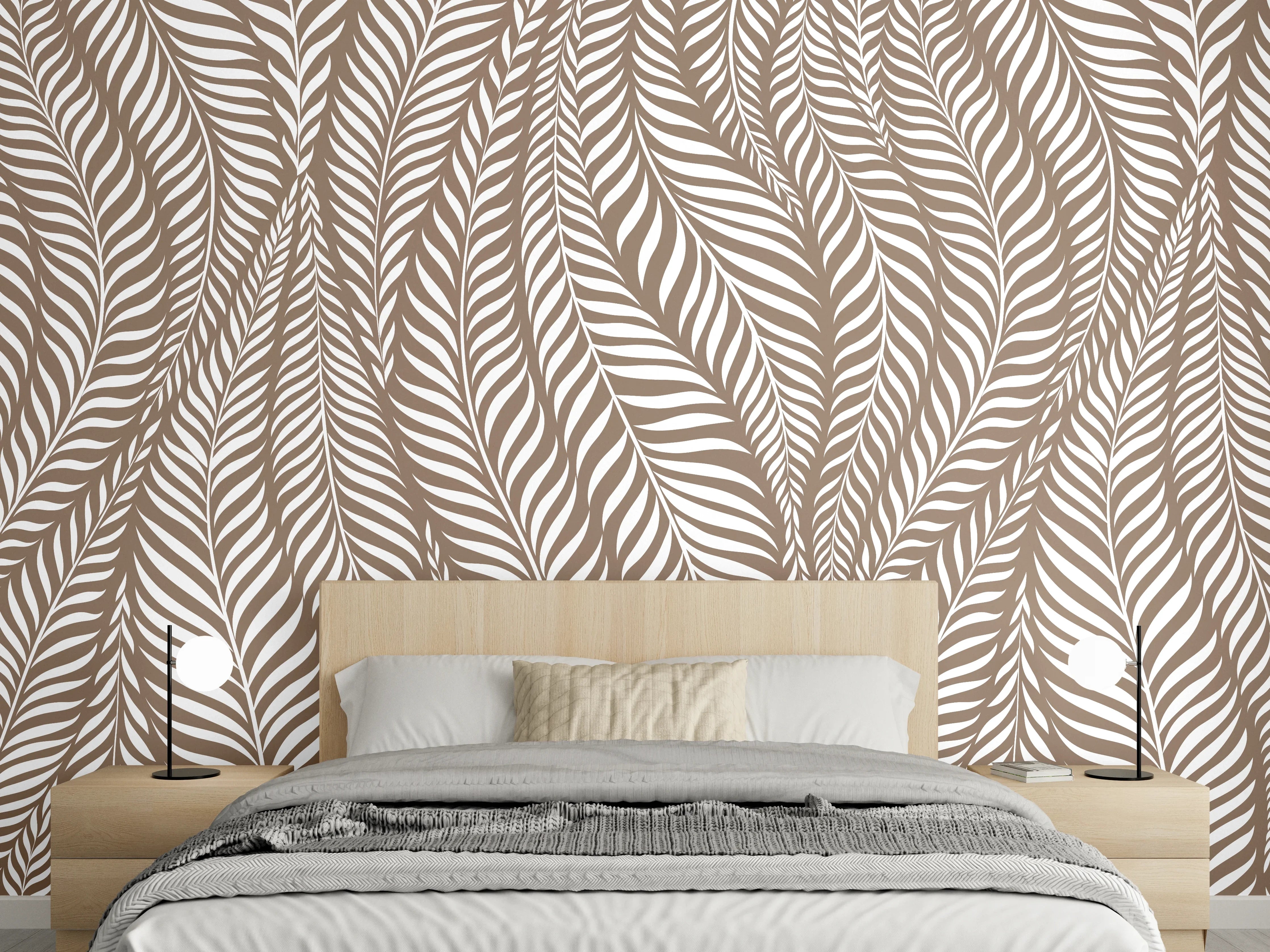 Wandverkleidung Schlafzimmer - Modernes Blattmuster in Braun und Weiß