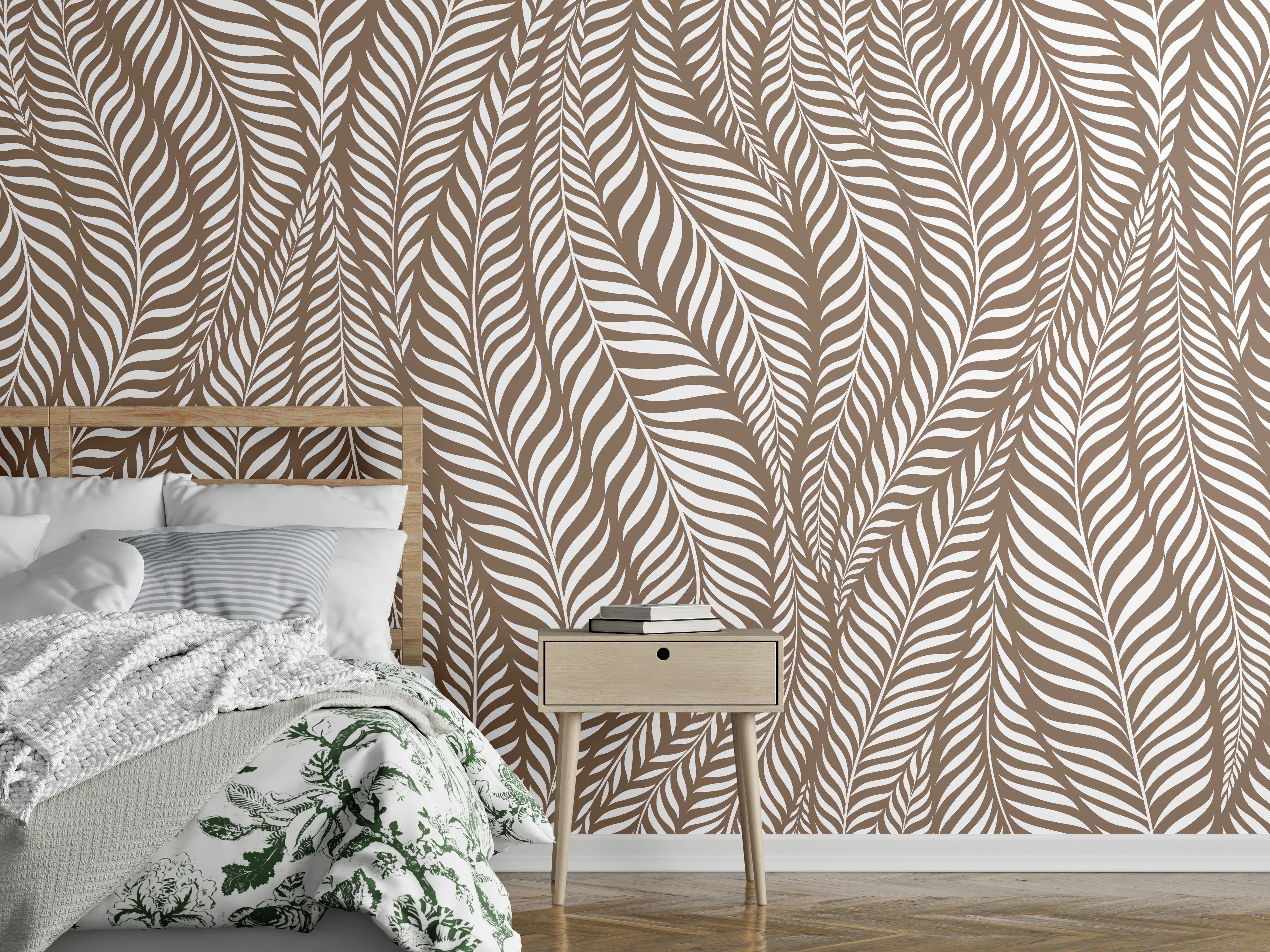 Wandverkleidung Schlafzimmer - Modernes Blattmuster in Braun und Weiß
