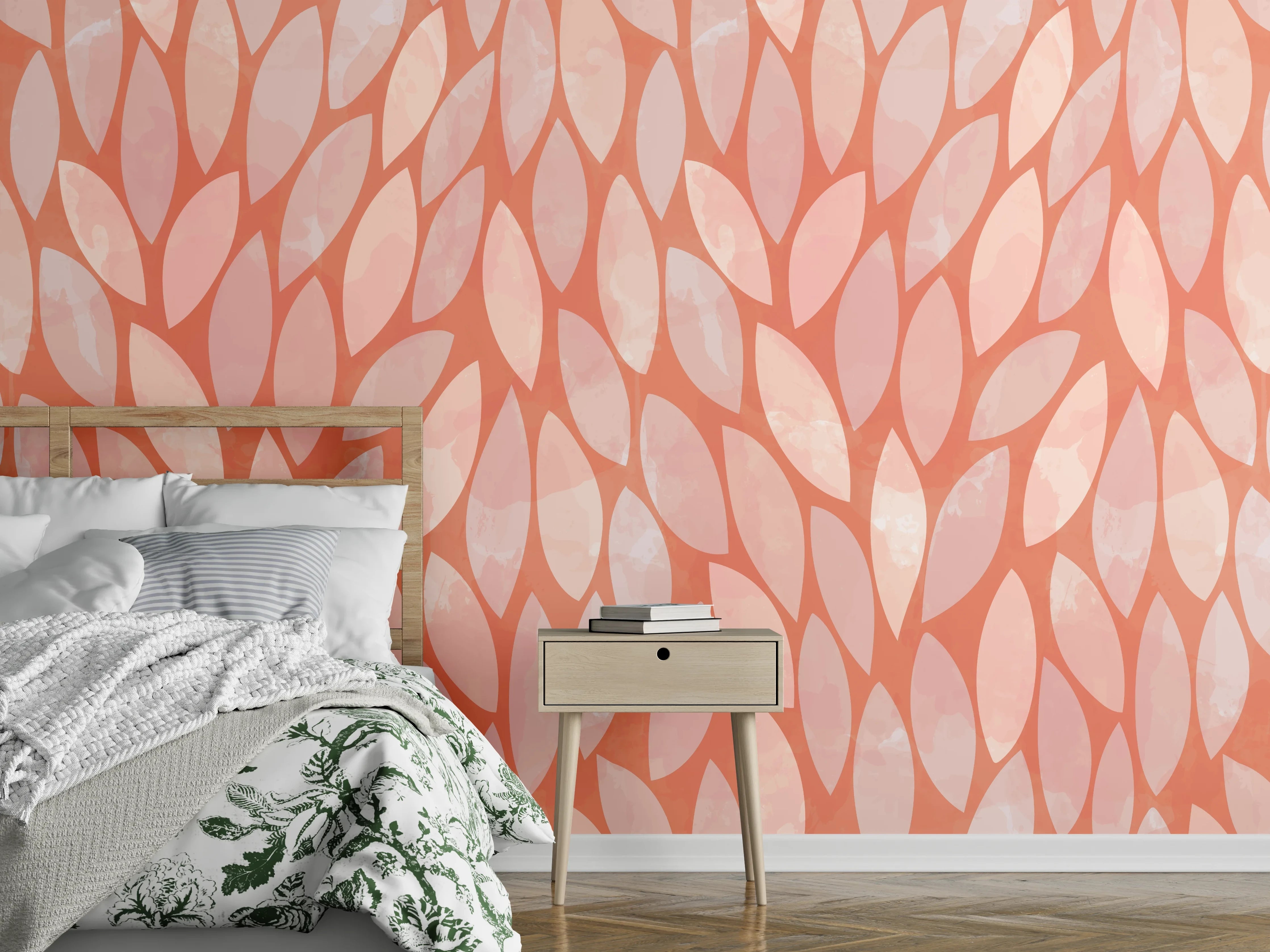 Wandverkleidung Schlafzimmer - Modernes Blattmuster in Zartrosa Tönen