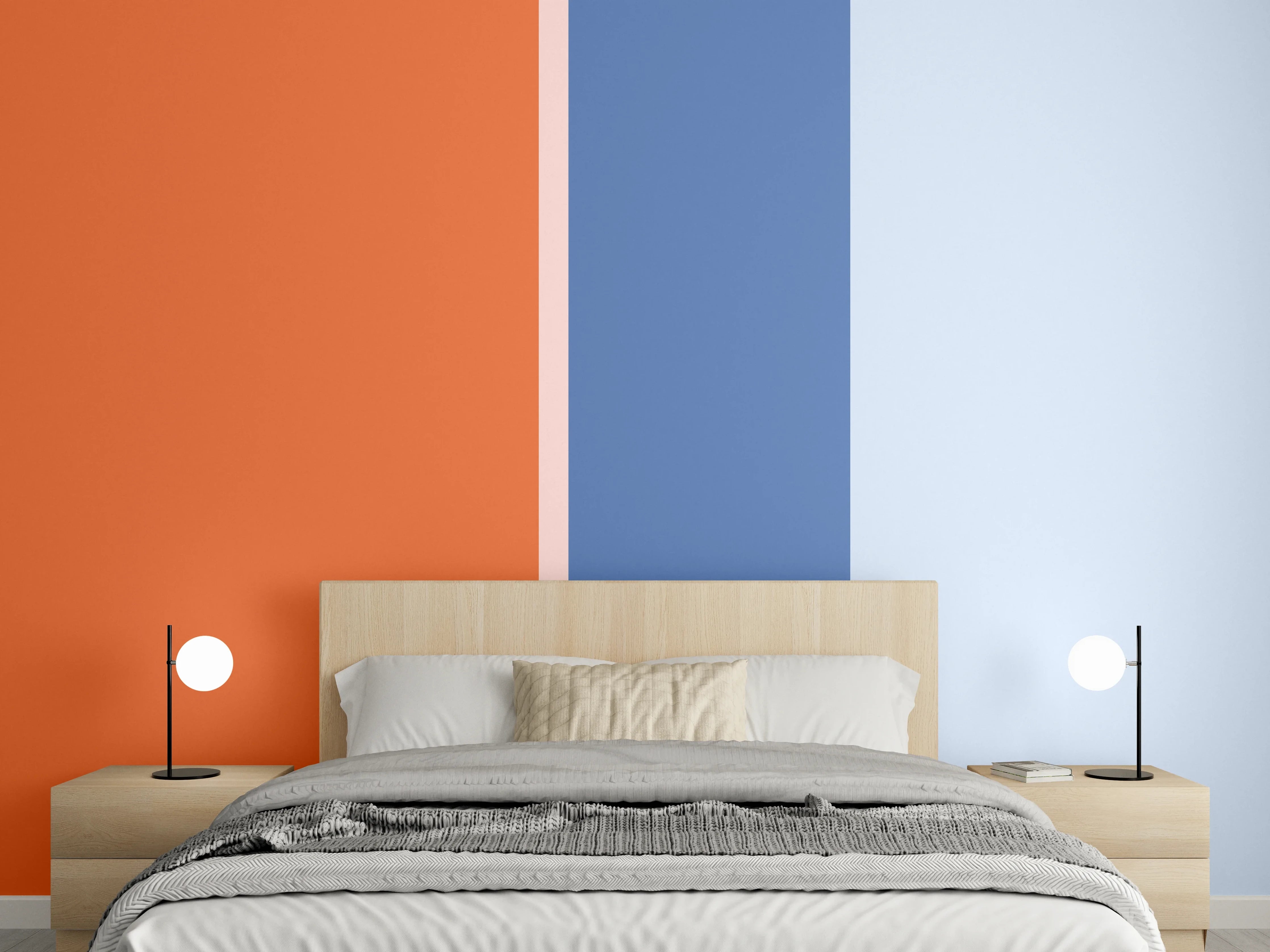 Wandverkleidung Schlafzimmer - Modernes Farbblock-Design in Blau und Orange