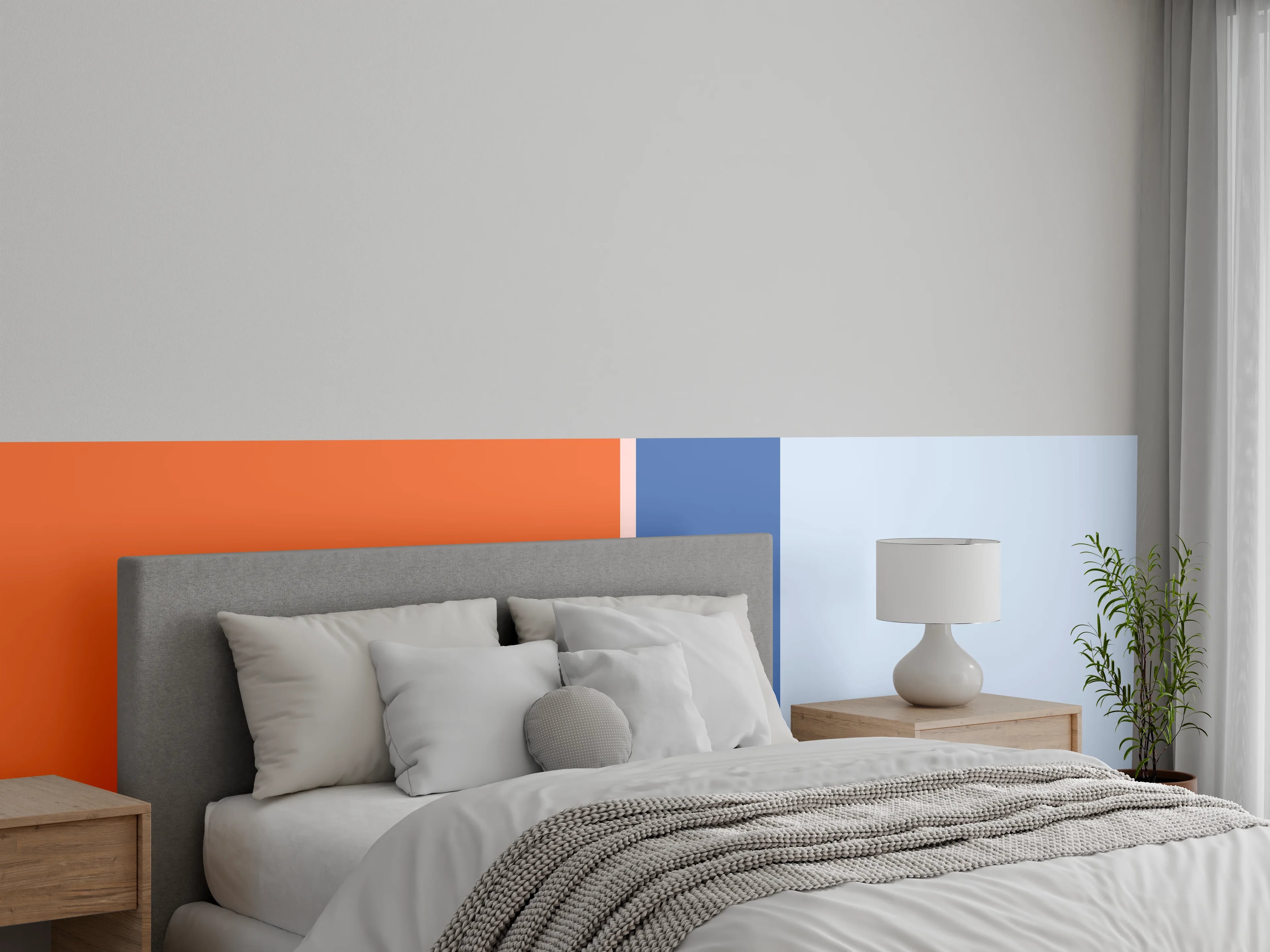 Wandverkleidung Schlafzimmer - Modernes Farbblock-Design in Blau und Orange