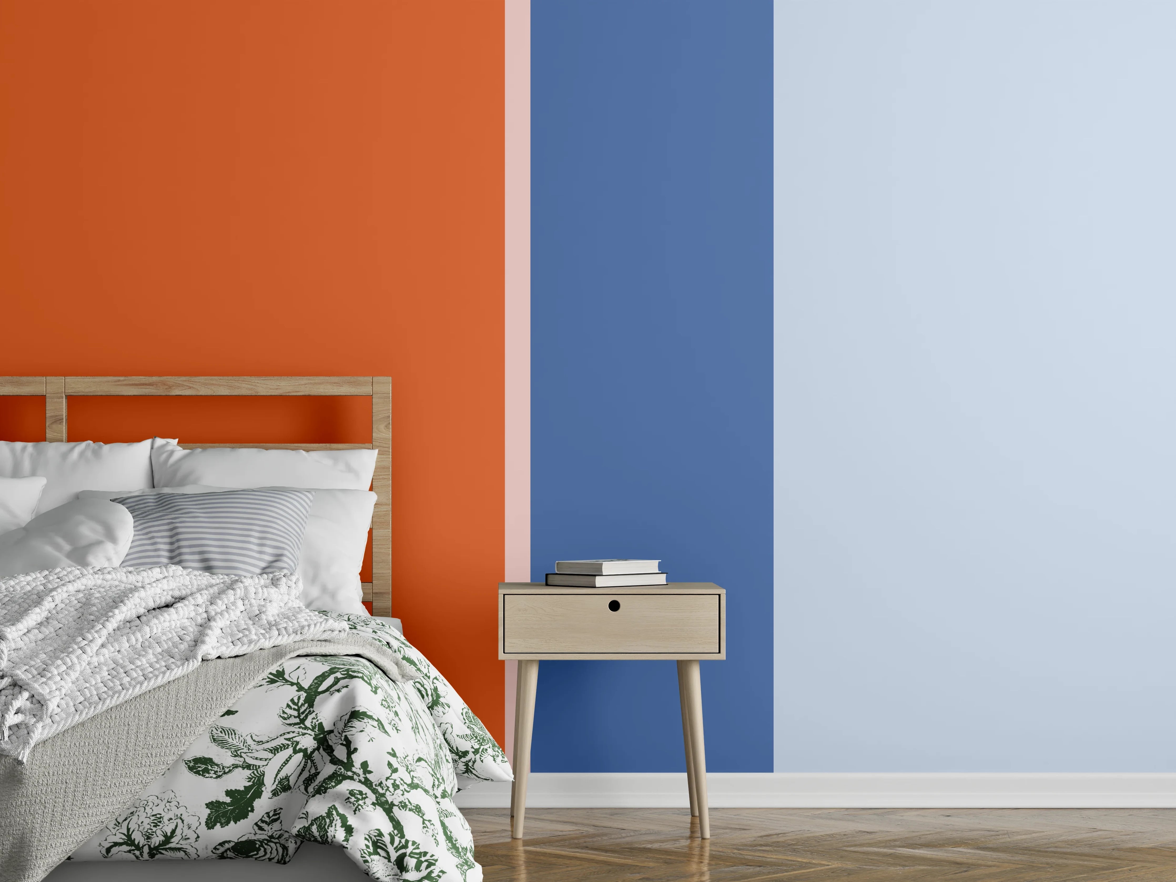 Wandverkleidung Schlafzimmer - Modernes Farbblock-Design in Blau und Orange