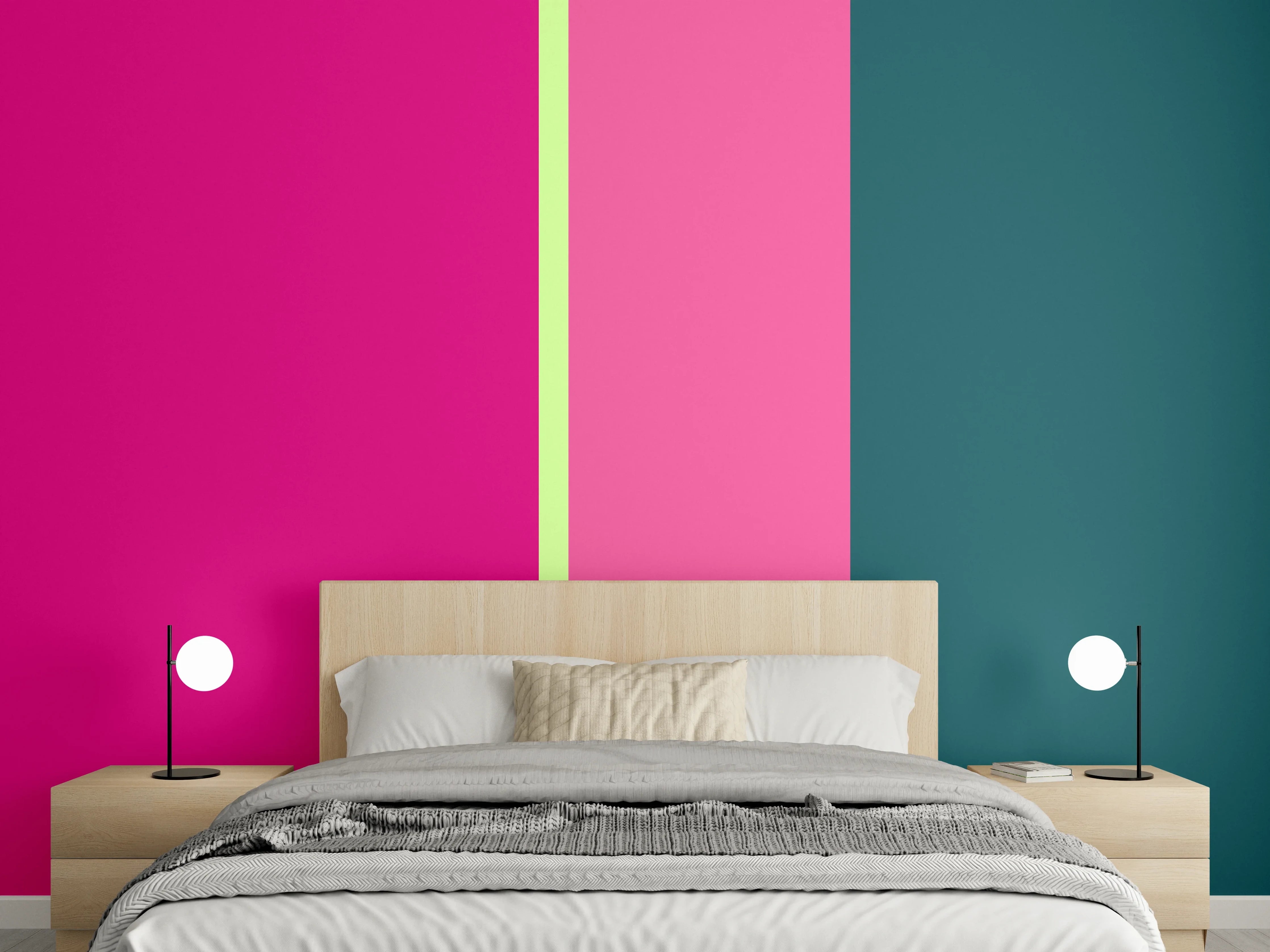 Wandverkleidung Schlafzimmer - Modernes Farbenspiel: Pink, Türkis und Gelb