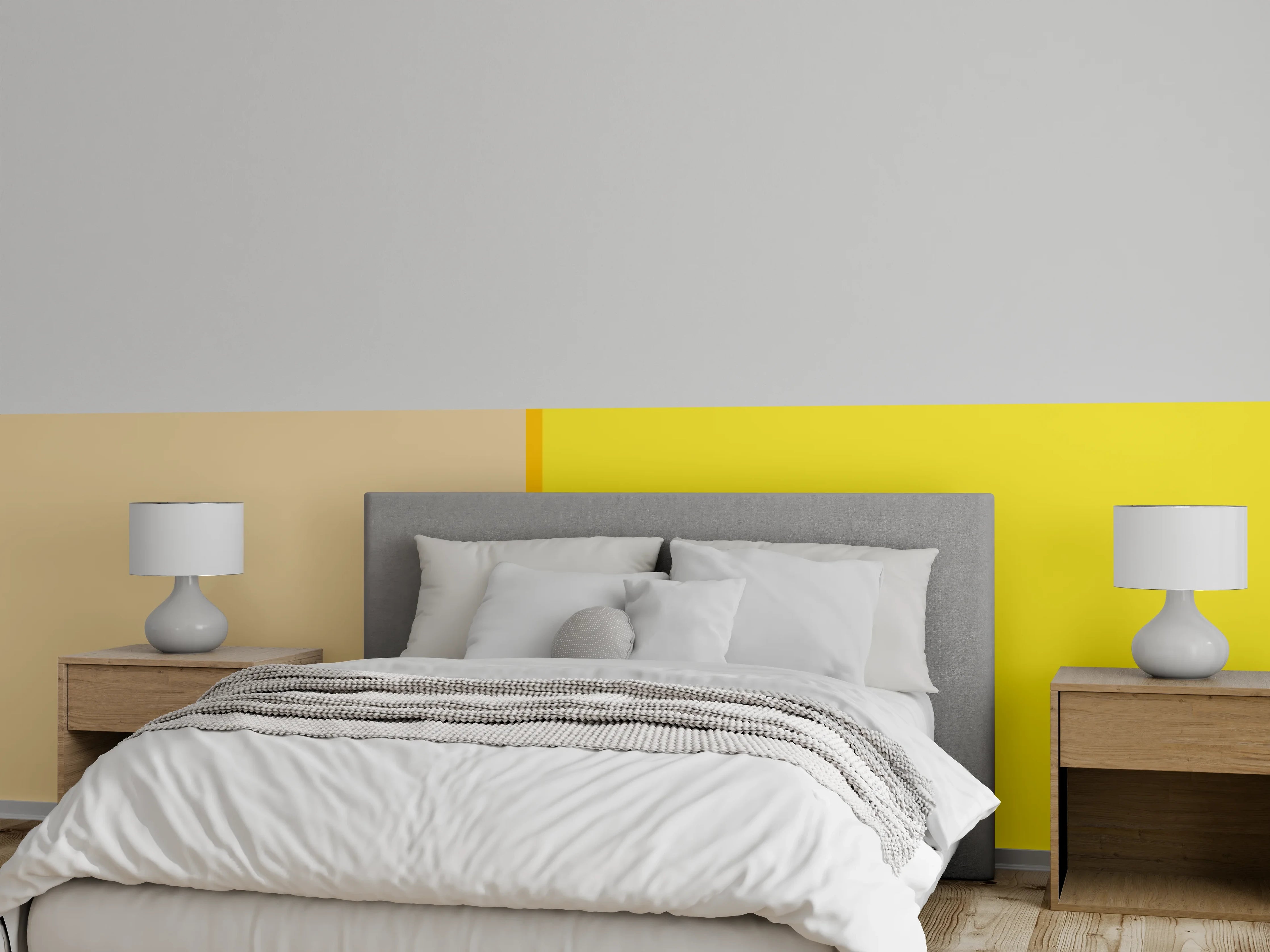 Wandverkleidung Schlafzimmer - Modernes Farbspiel Beige und Gelb