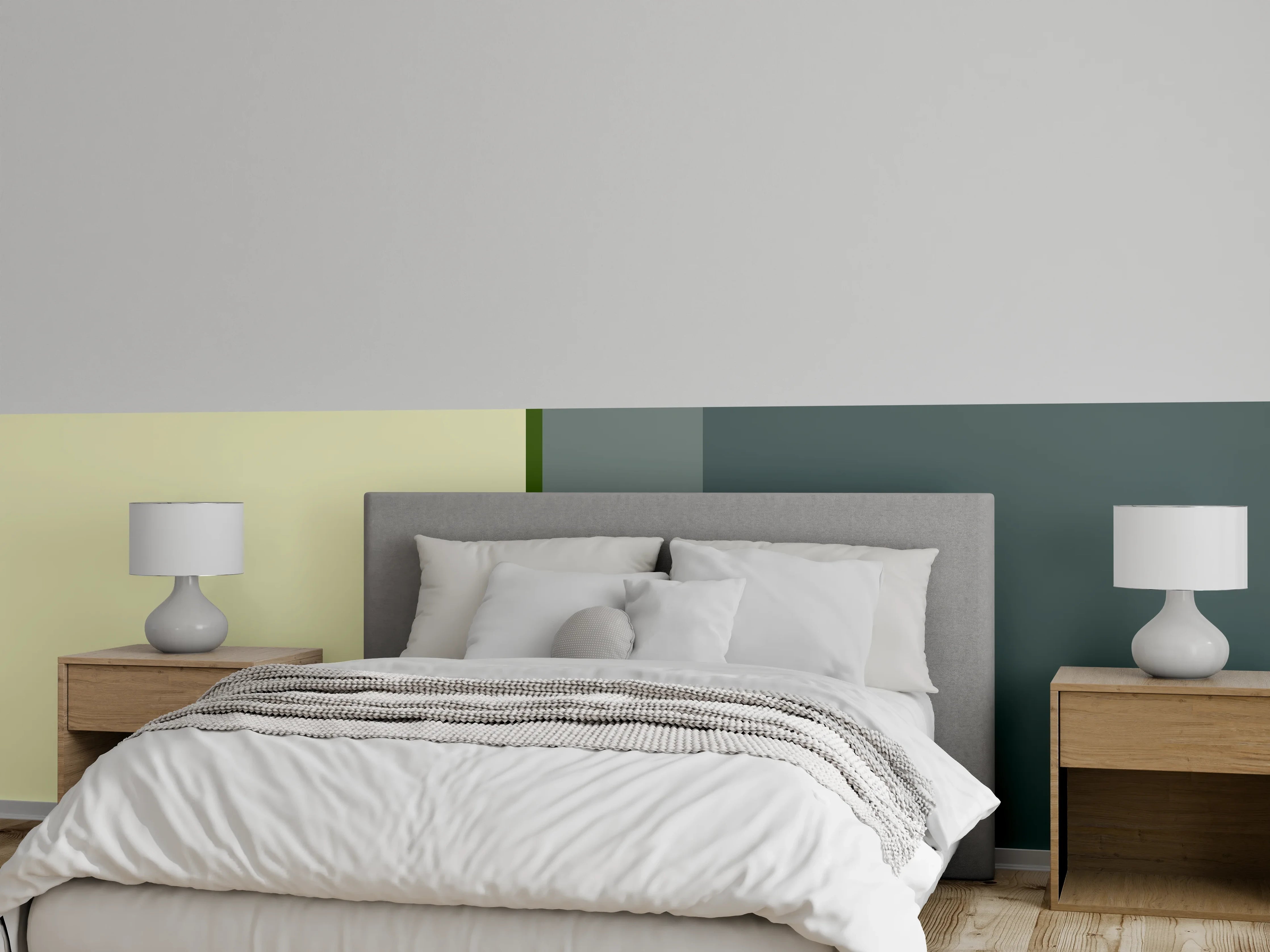 Wandverkleidung Schlafzimmer - Modernes Farbspiel Grau Grün Beige