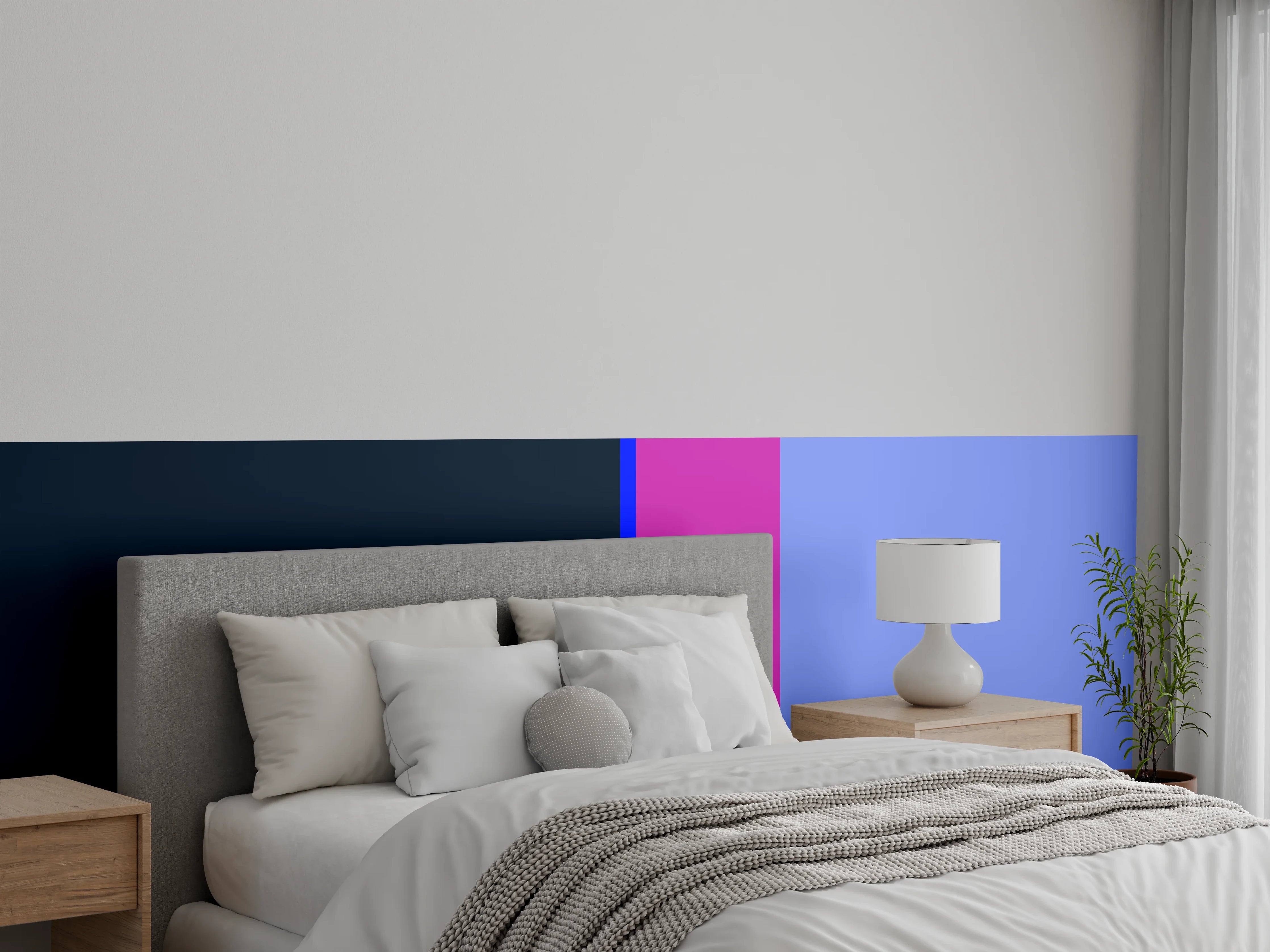 Wandverkleidung Schlafzimmer - Modernes Farbspiel: Blautöne und Lila