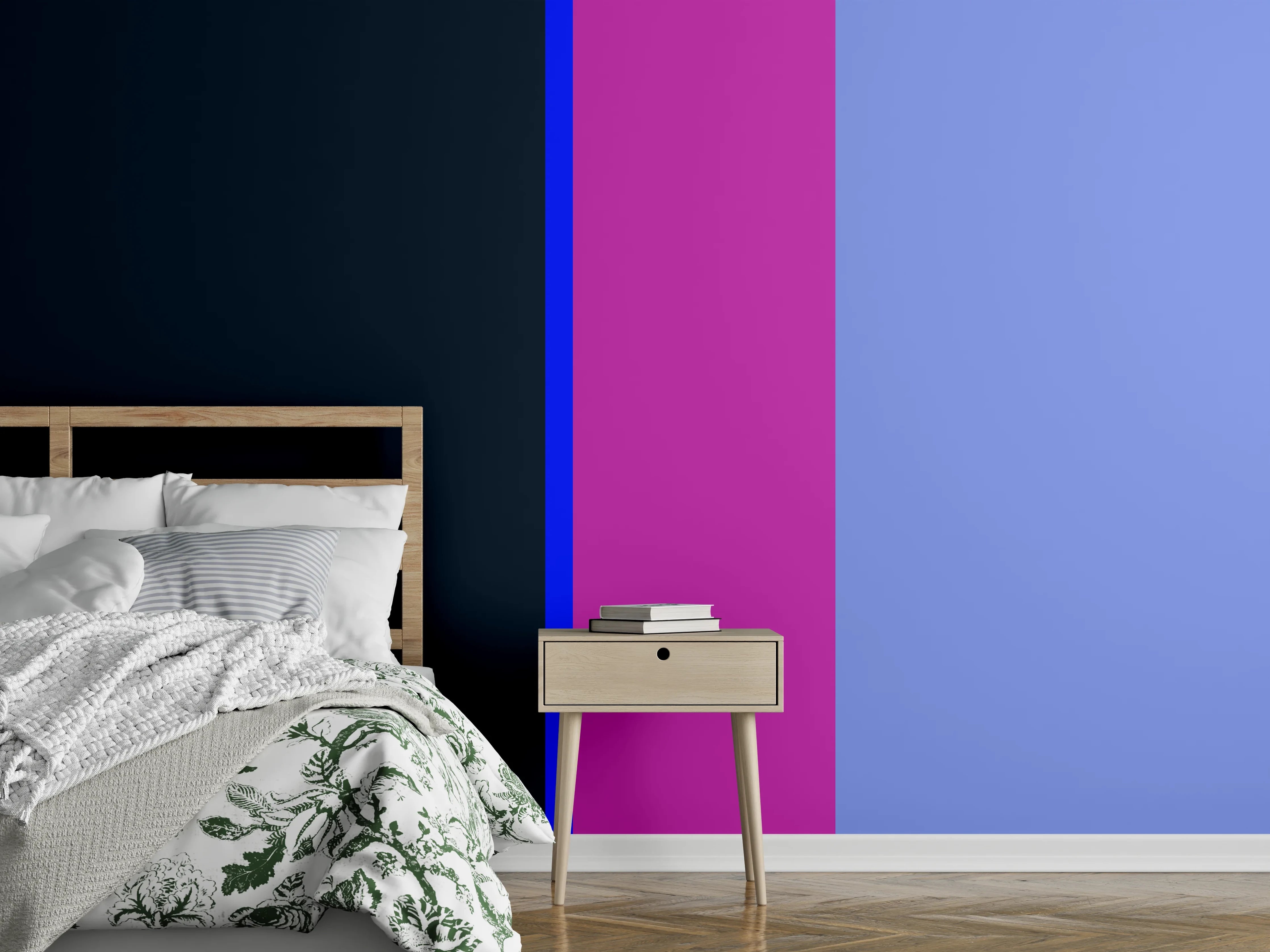 Wandverkleidung Schlafzimmer - Modernes Farbspiel: Blautöne und Lila