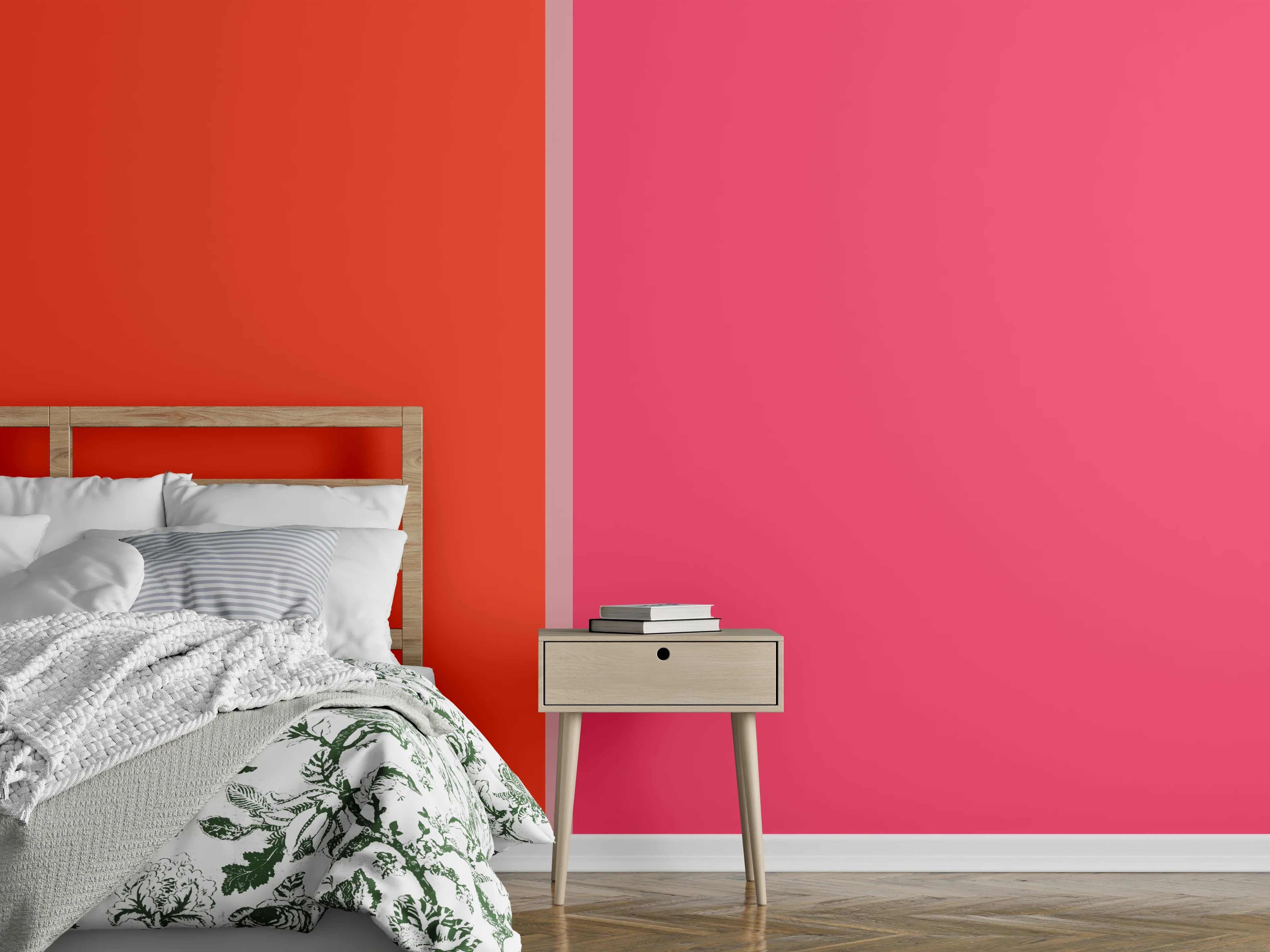 Wandverkleidung Schlafzimmer - Modernes Farbsplit-Design in Pink und Rot