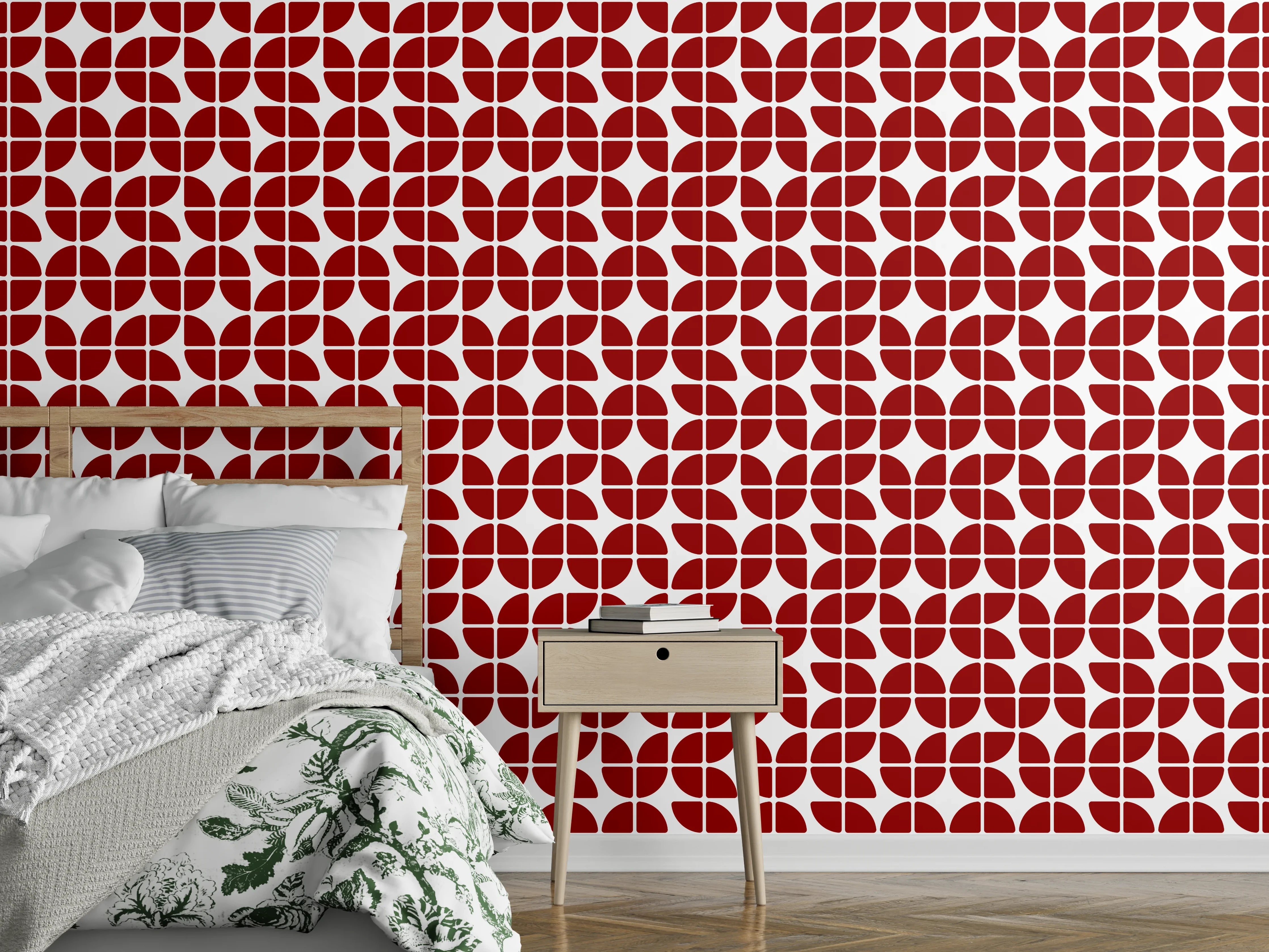 Wandverkleidung Schlafzimmer - Modernes Retro-Muster in Rot-Weiß