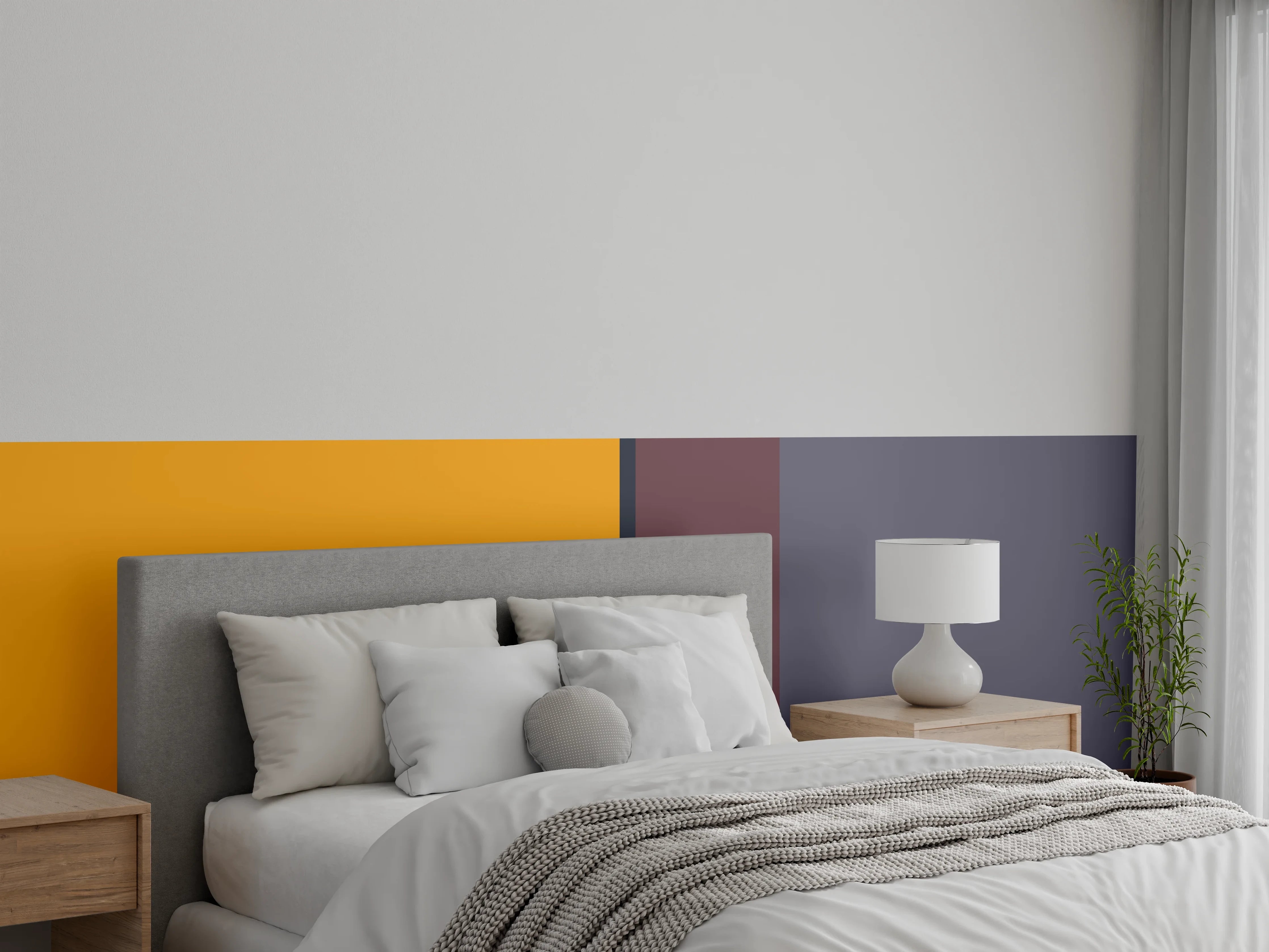 Wandverkleidung Schlafzimmer - Modernes Streifen-Design in Orange und Lila