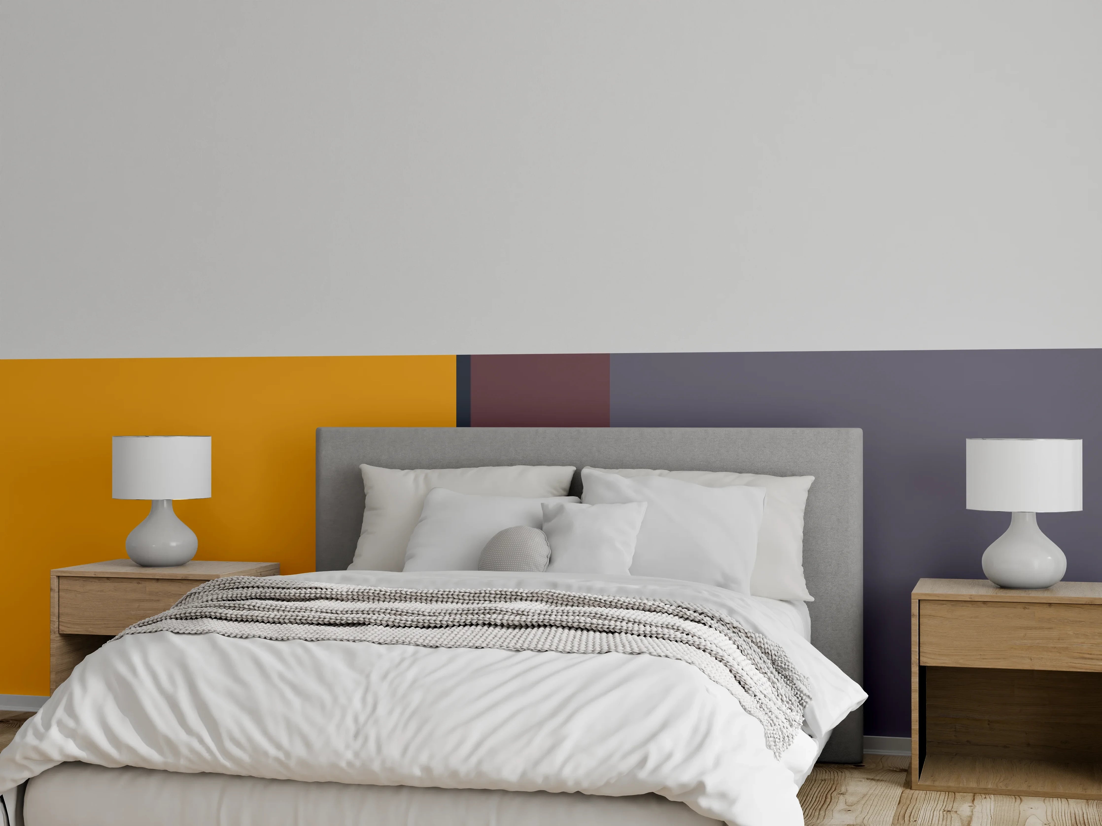 Wandverkleidung Schlafzimmer - Modernes Streifen-Design in Orange und Lila