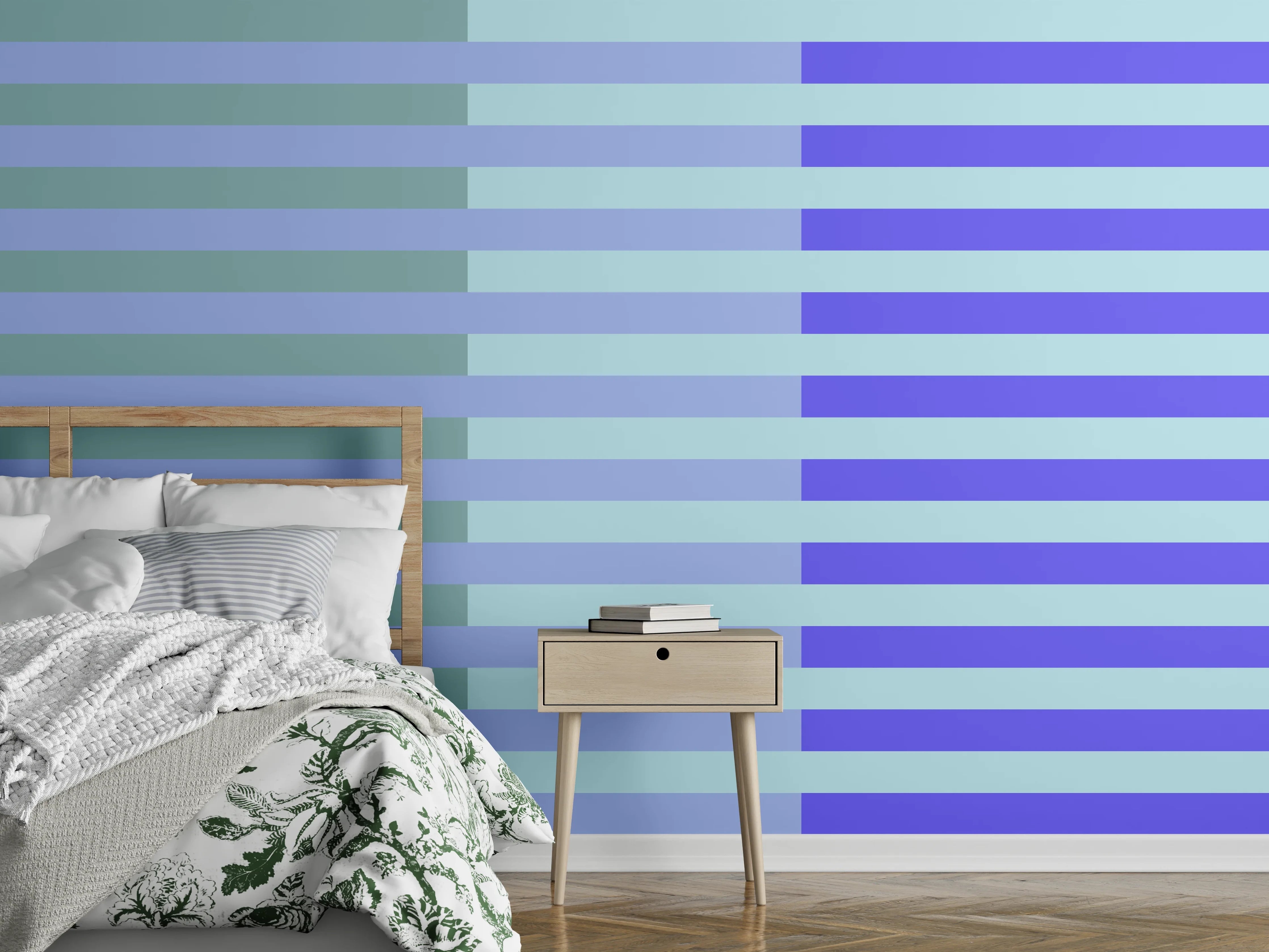 Wandverkleidung Schlafzimmer - Modernes Streifenmuster Blau Grau Minimalistisch