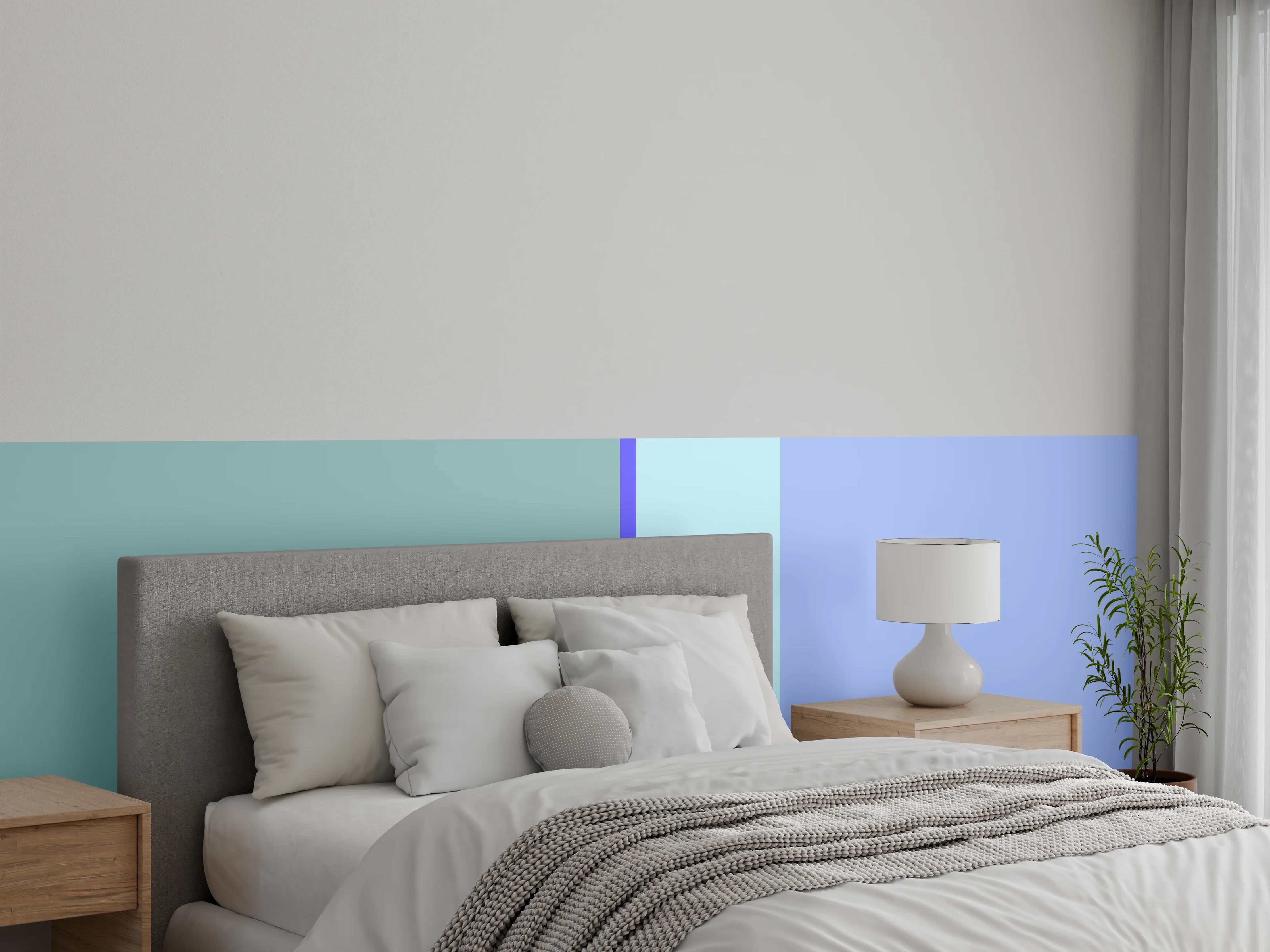 Wandverkleidung Schlafzimmer - Modernes Streifenmuster Blau Grün Grau