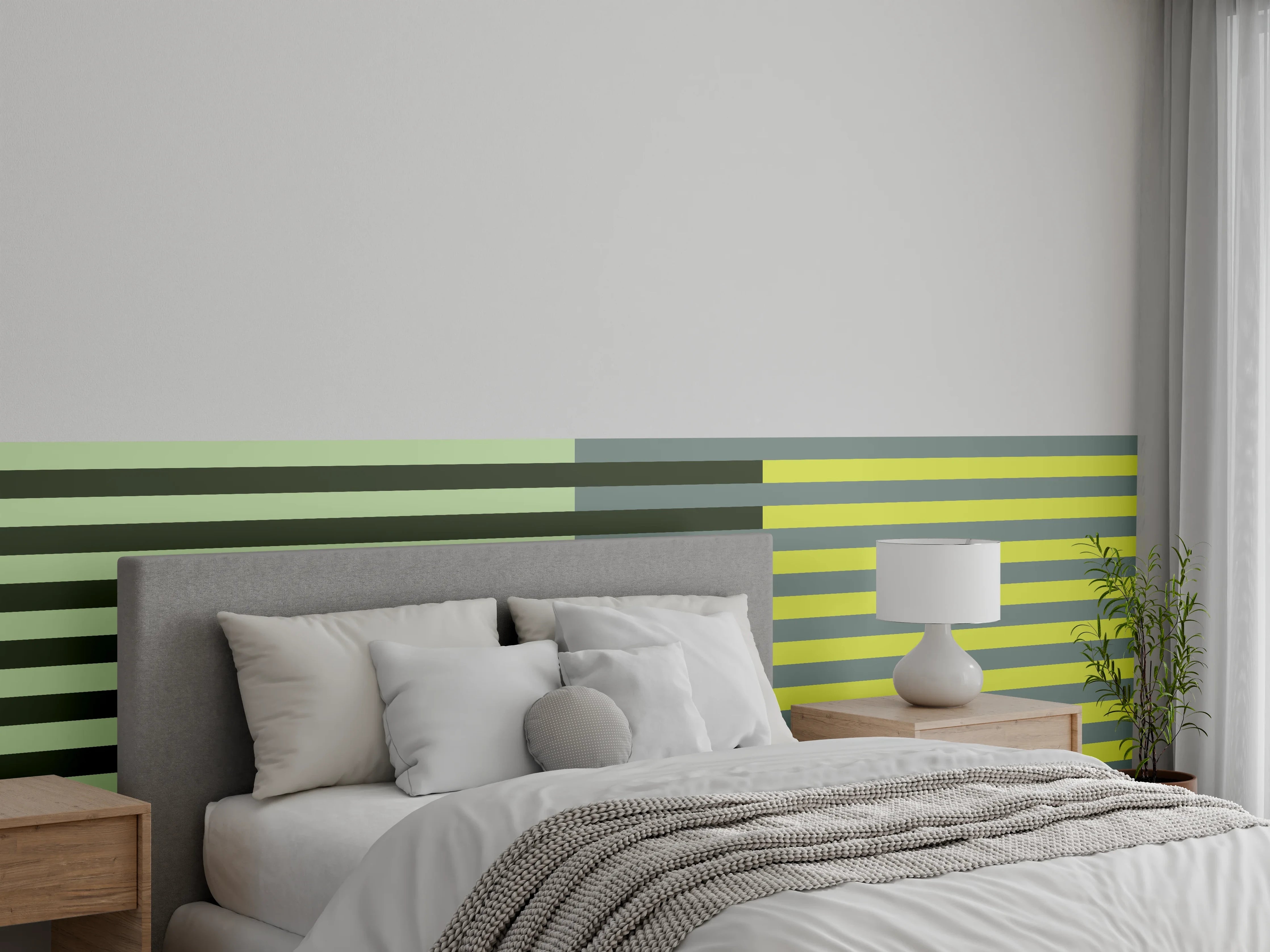 Wandverkleidung Schlafzimmer - Modernes Streifenmuster Gelb Grau Grün