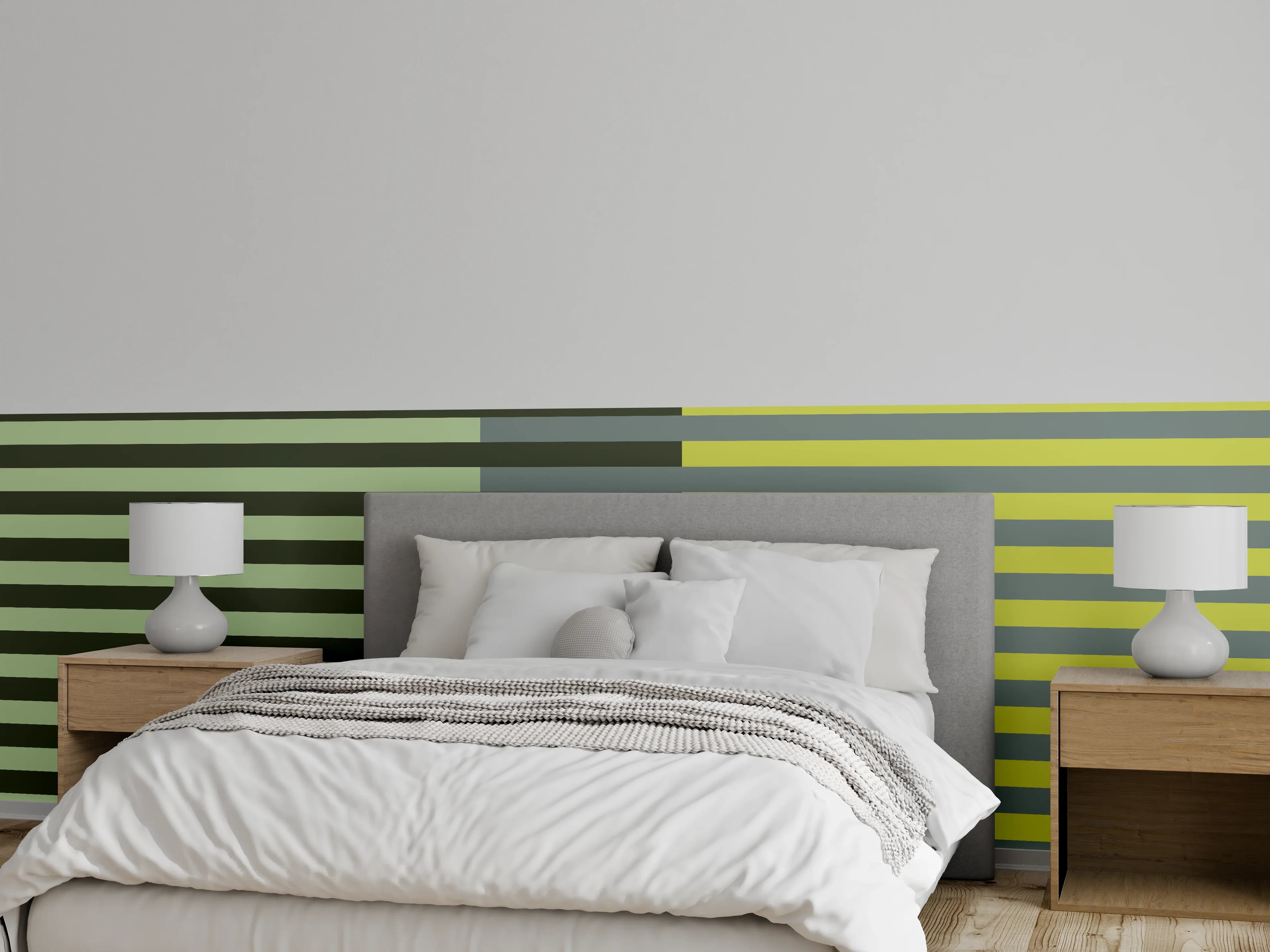 Wandverkleidung Schlafzimmer - Modernes Streifenmuster Gelb Grau Grün