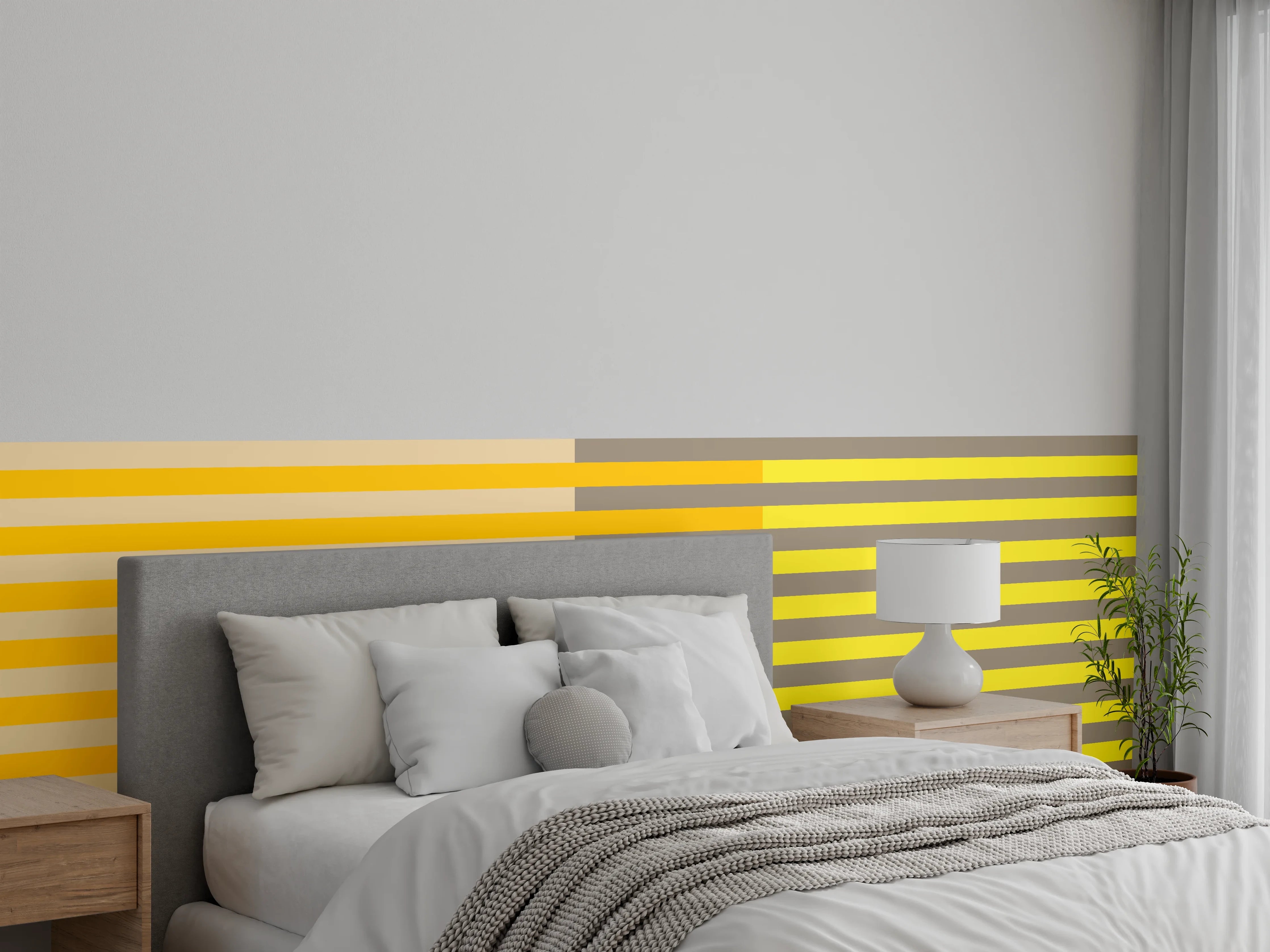 Wandverkleidung Schlafzimmer - Modernes Streifenmuster Gelb Grau Orange