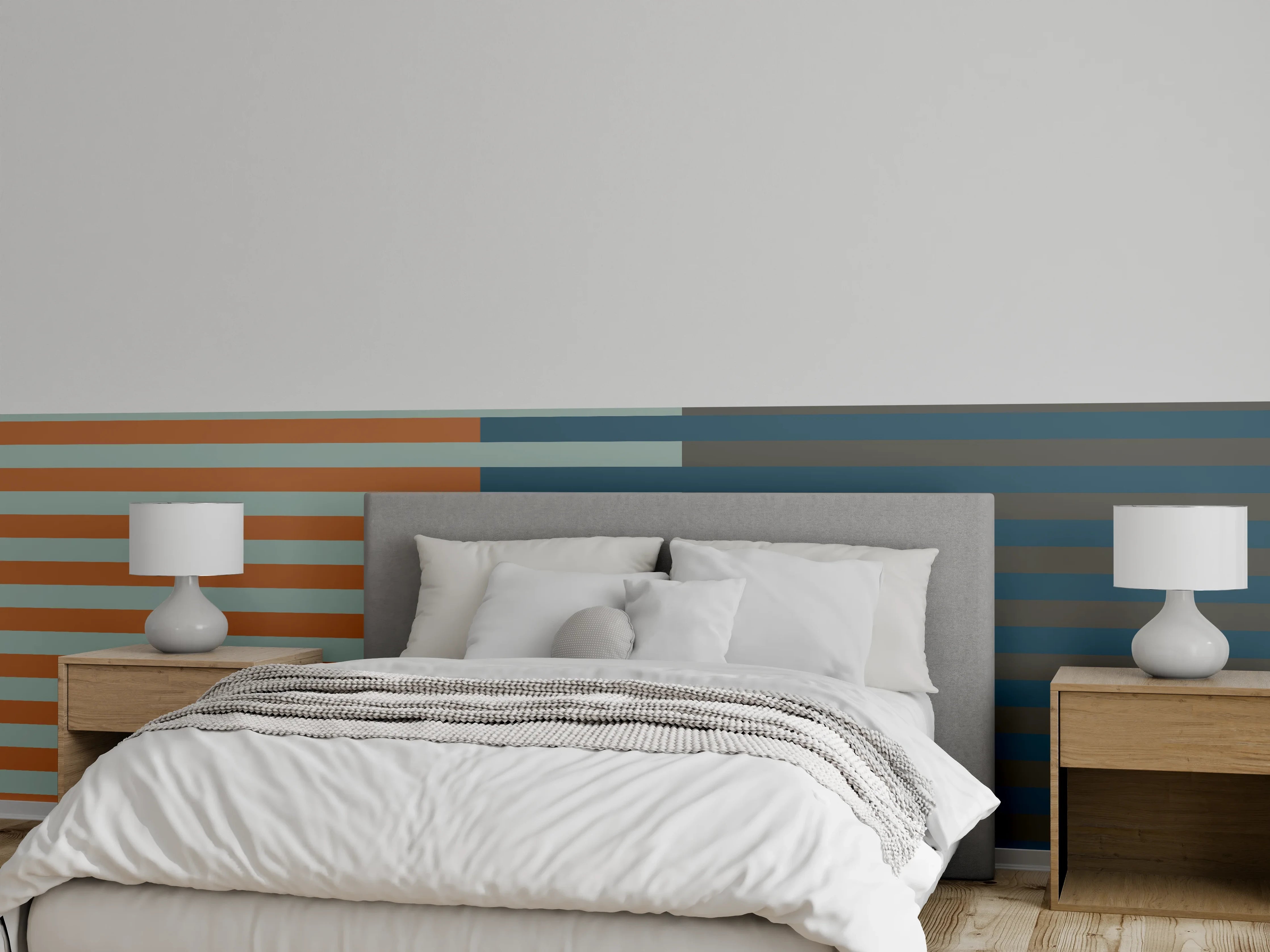 Wandverkleidung Schlafzimmer - Modernes Streifenmuster Wanddesign Blau-Orange
