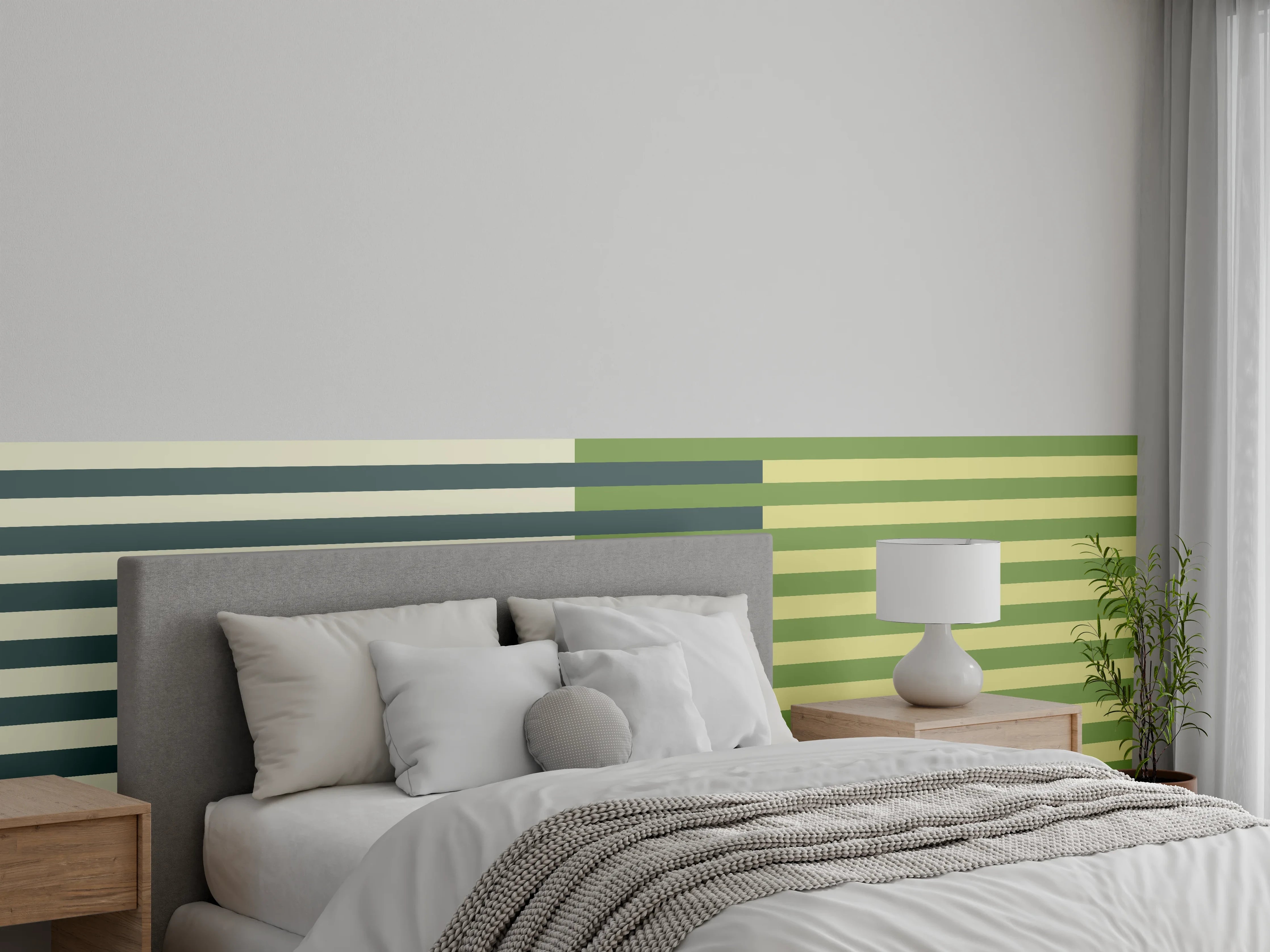 Wandverkleidung Schlafzimmer - Modernes Streifenmuster grün-beige Wandbild