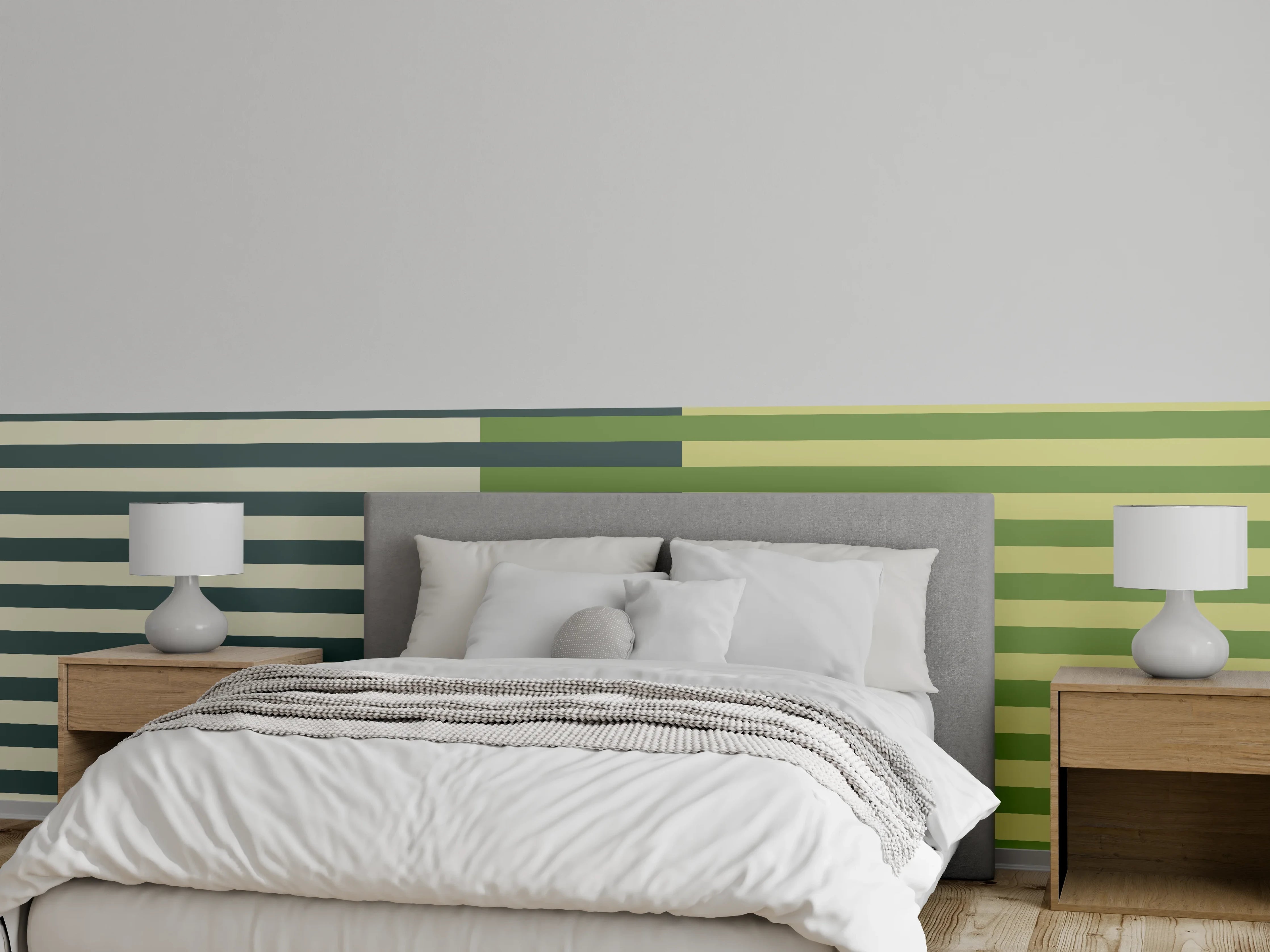 Wandverkleidung Schlafzimmer - Modernes Streifenmuster grün-beige Wandbild
