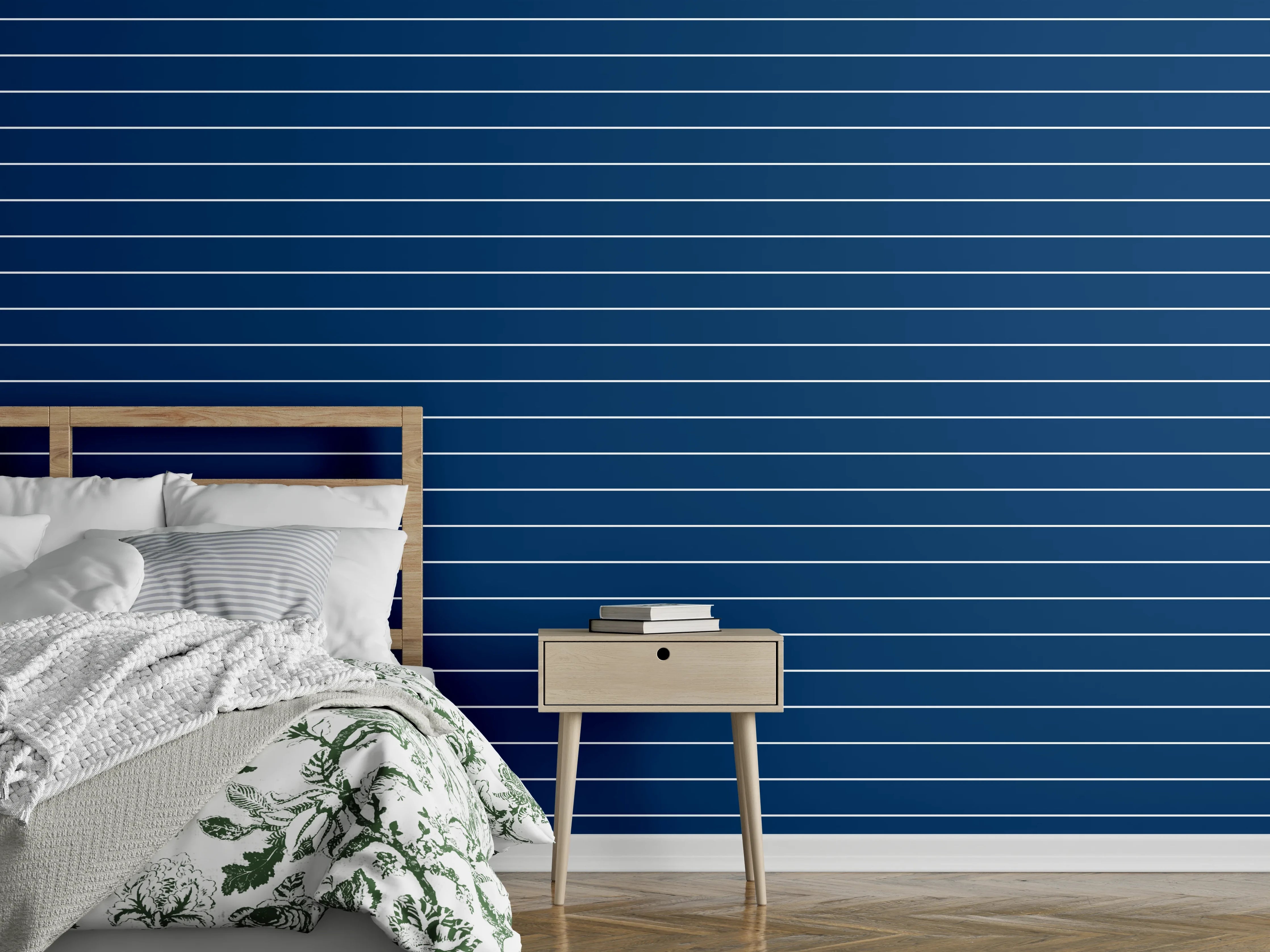 Wandverkleidung Schlafzimmer - Modernes Streifenmuster in Blau-Weiß