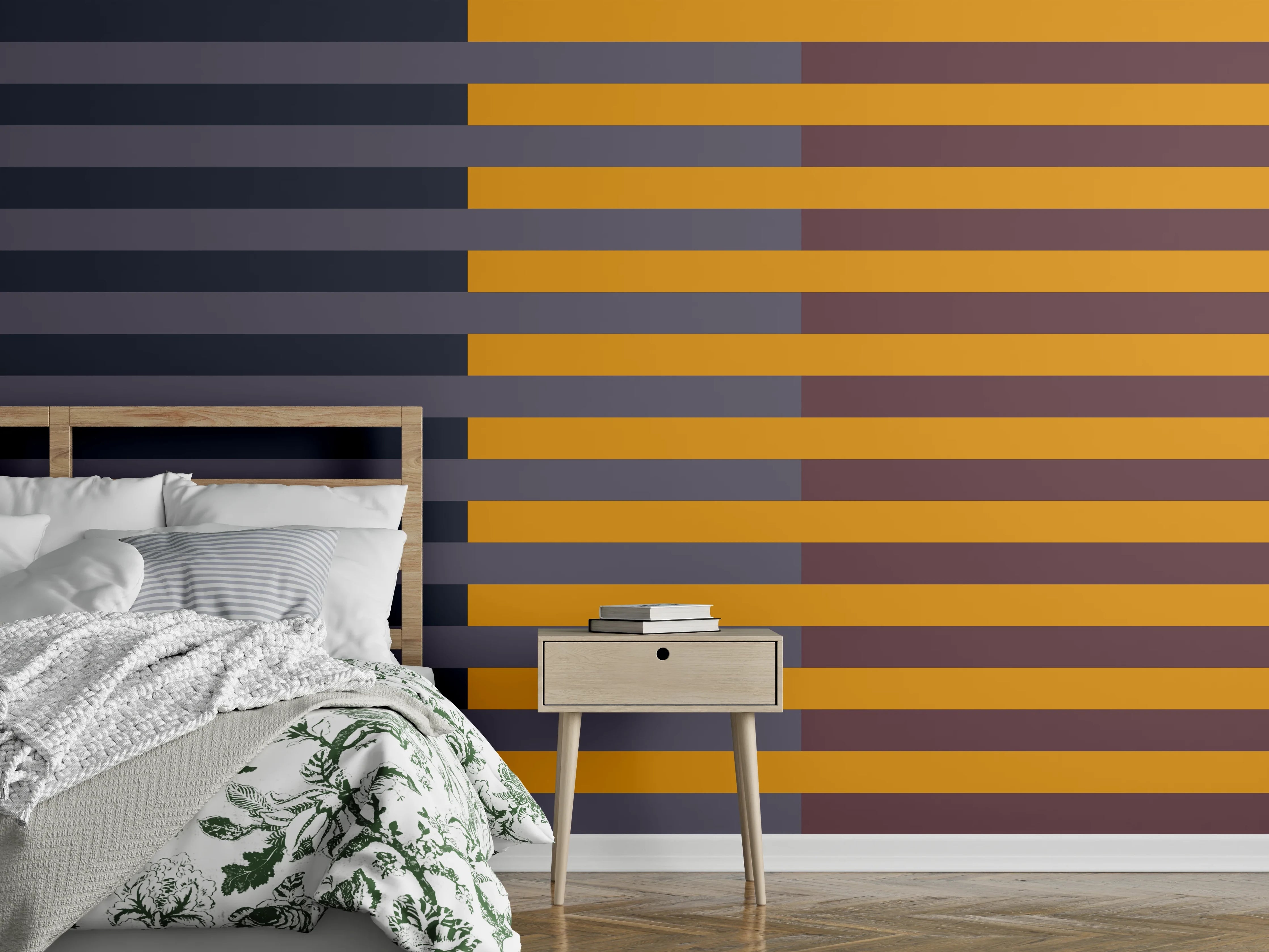 Wandverkleidung Schlafzimmer - Modernes Streifenmuster in Gelb und Blau