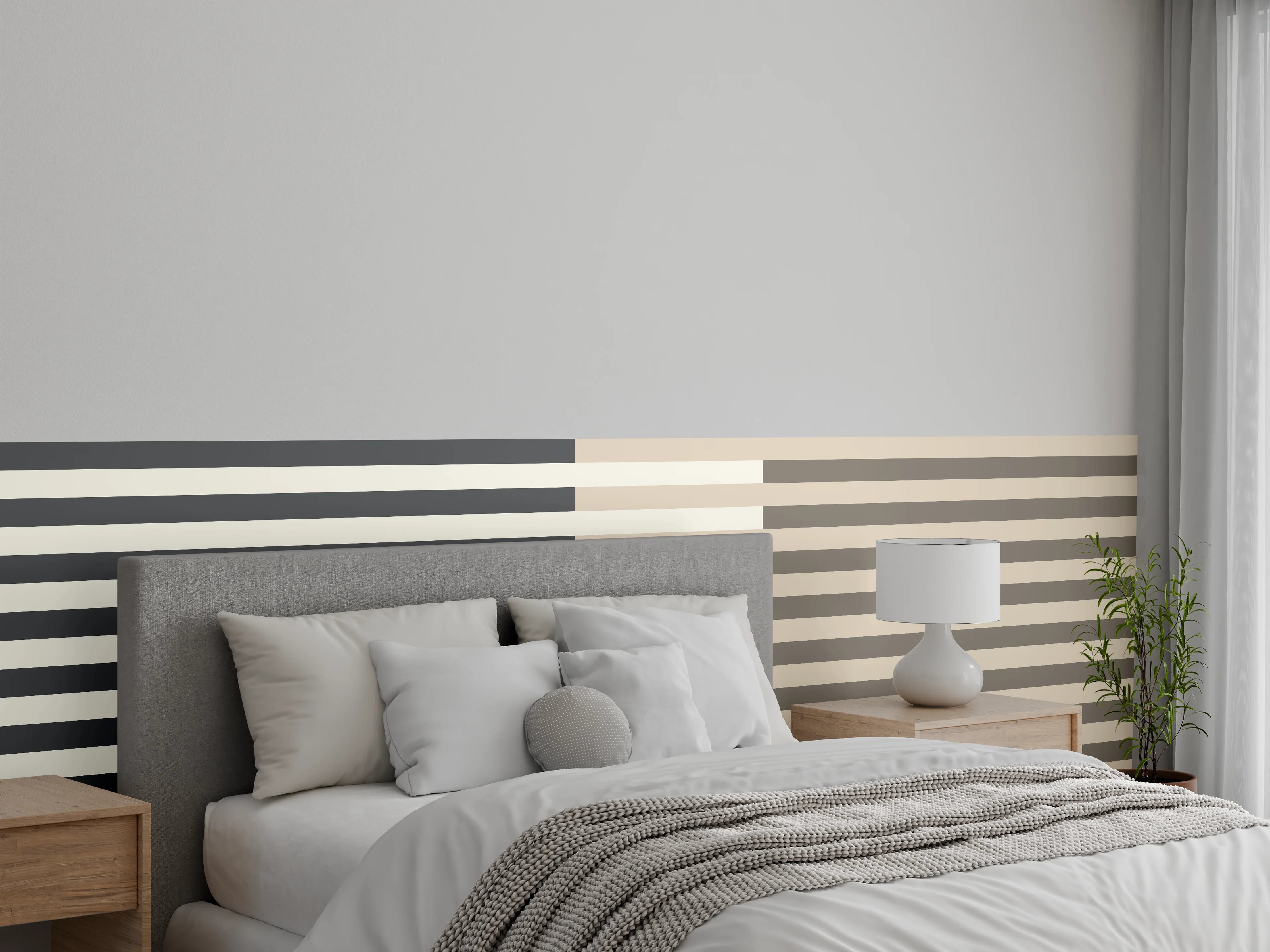 Wandverkleidung Schlafzimmer - Modernes Streifenmuster in Schwarz-Weiß-Beige