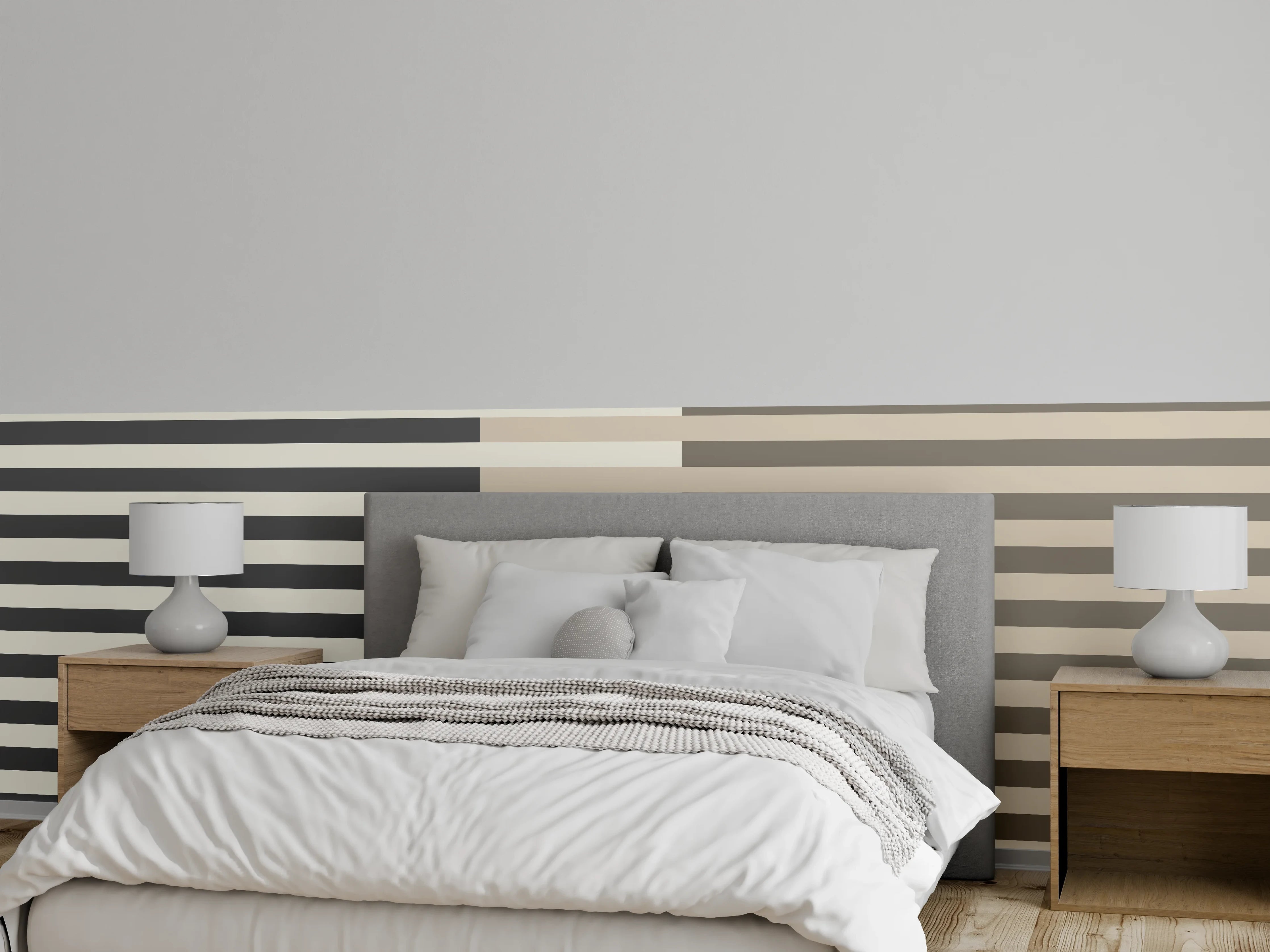 Wandverkleidung Schlafzimmer - Modernes Streifenmuster in Schwarz-Weiß-Beige