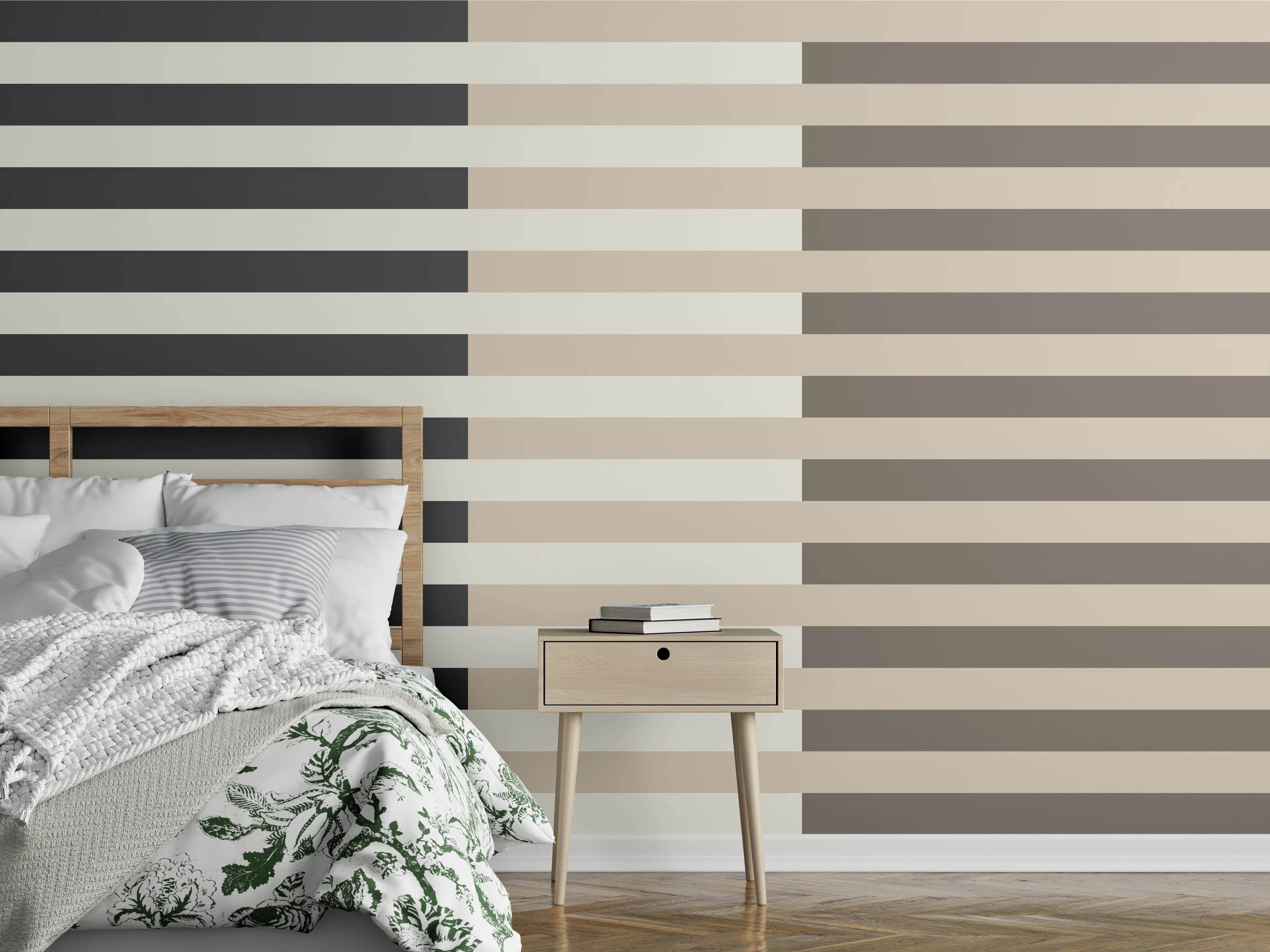 Wandverkleidung Schlafzimmer - Modernes Streifenmuster in Schwarz-Weiß-Beige