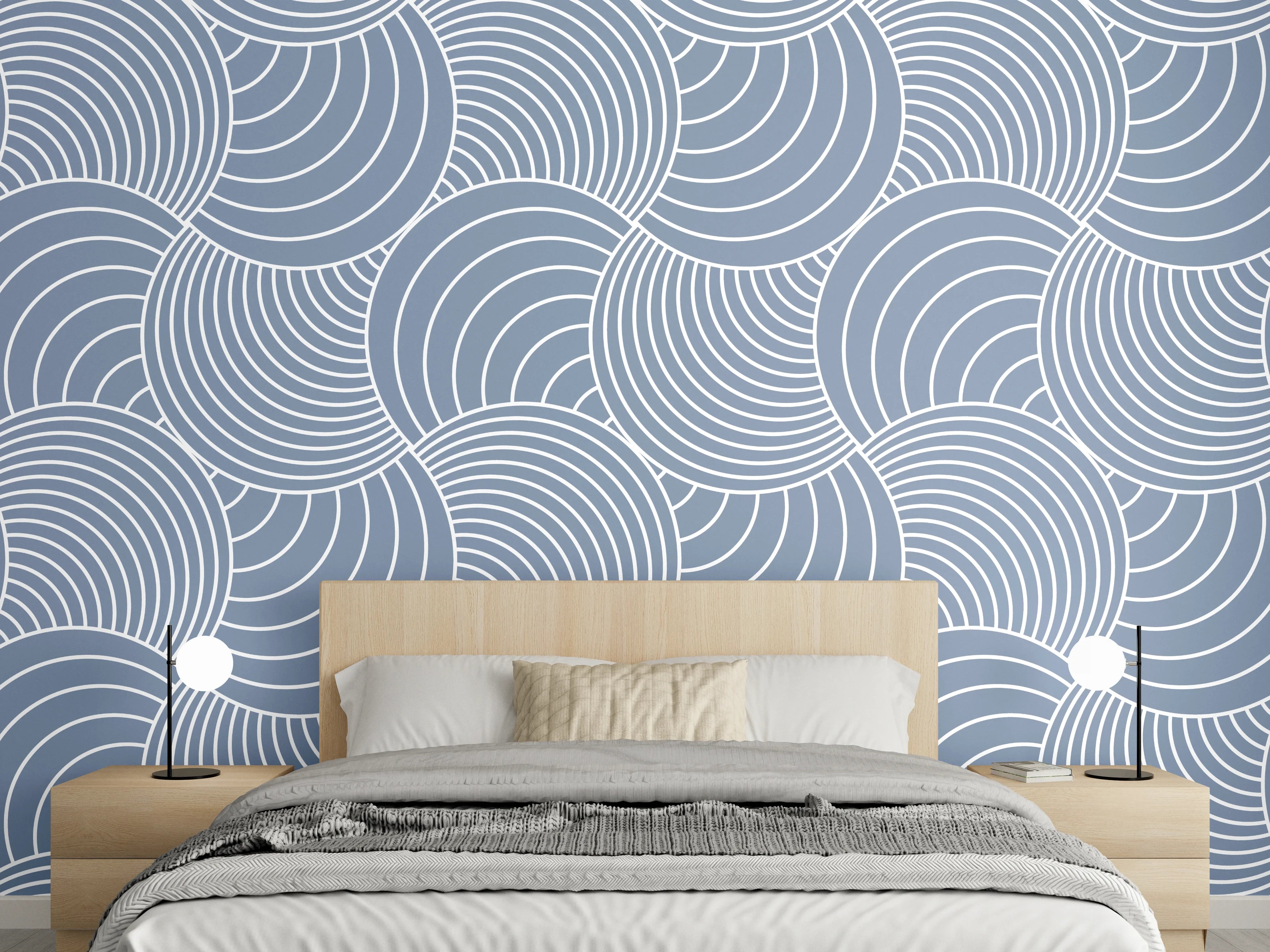 Wandverkleidung Schlafzimmer - Modernes Wellenmuster in Blau-Weiß