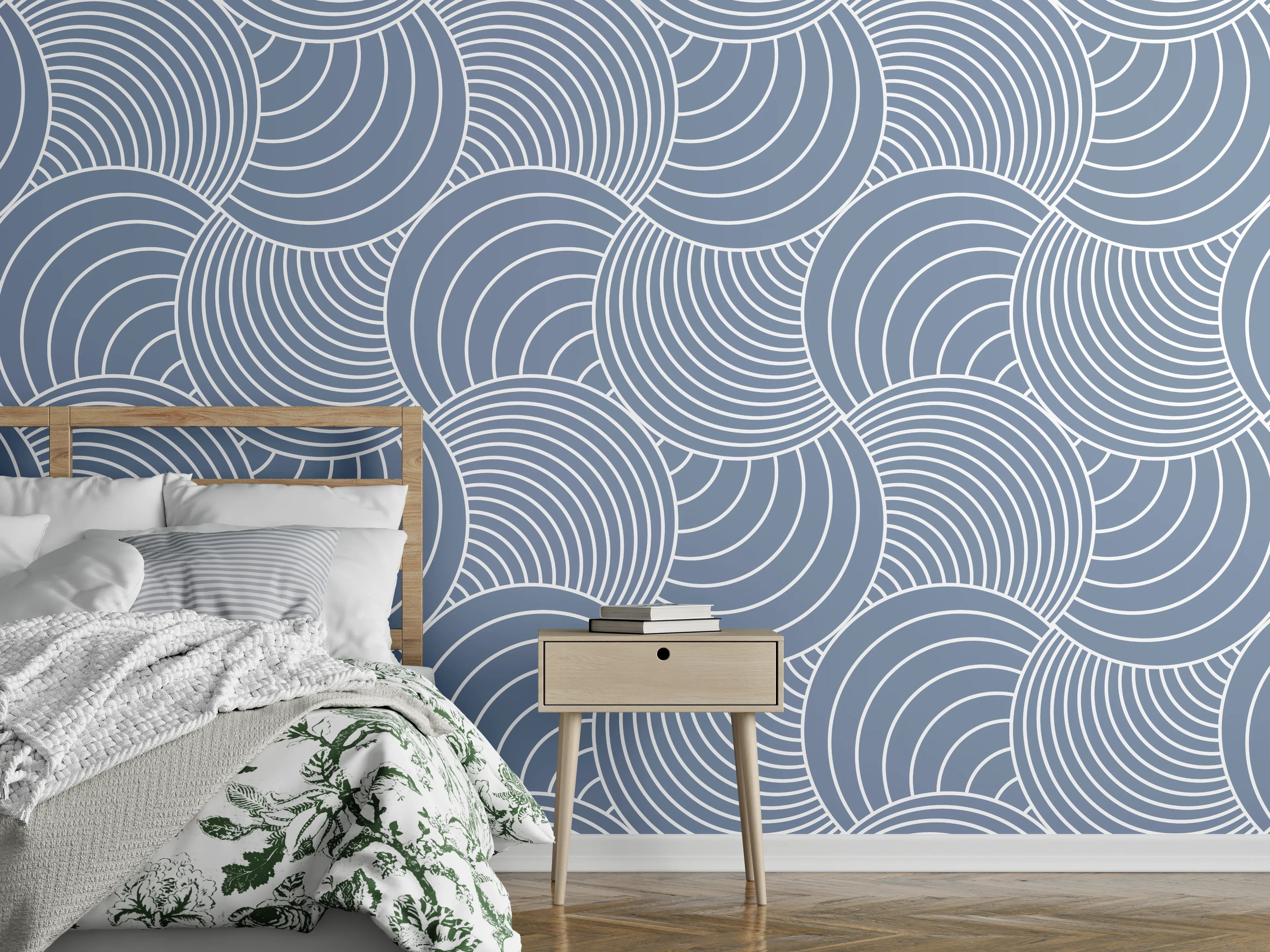 Wandverkleidung Schlafzimmer - Modernes Wellenmuster in Blau-Weiß