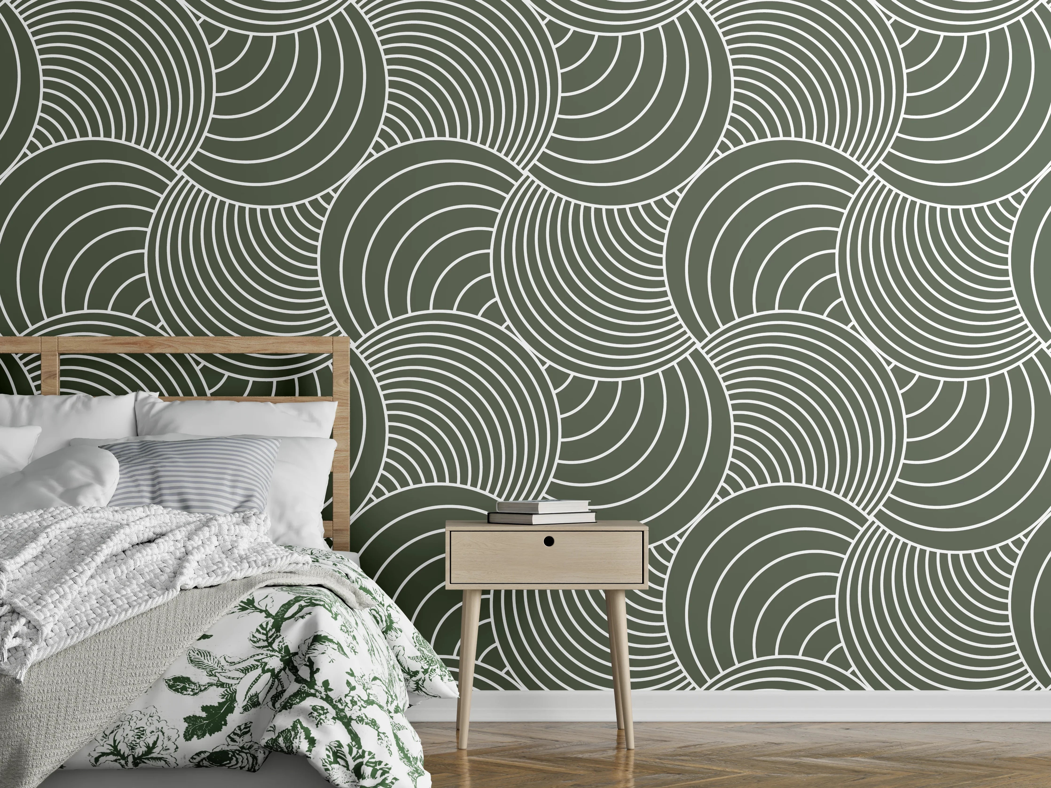 Wandverkleidung Schlafzimmer - Modernes Wellenmuster in Dunkelgrün-Weiß