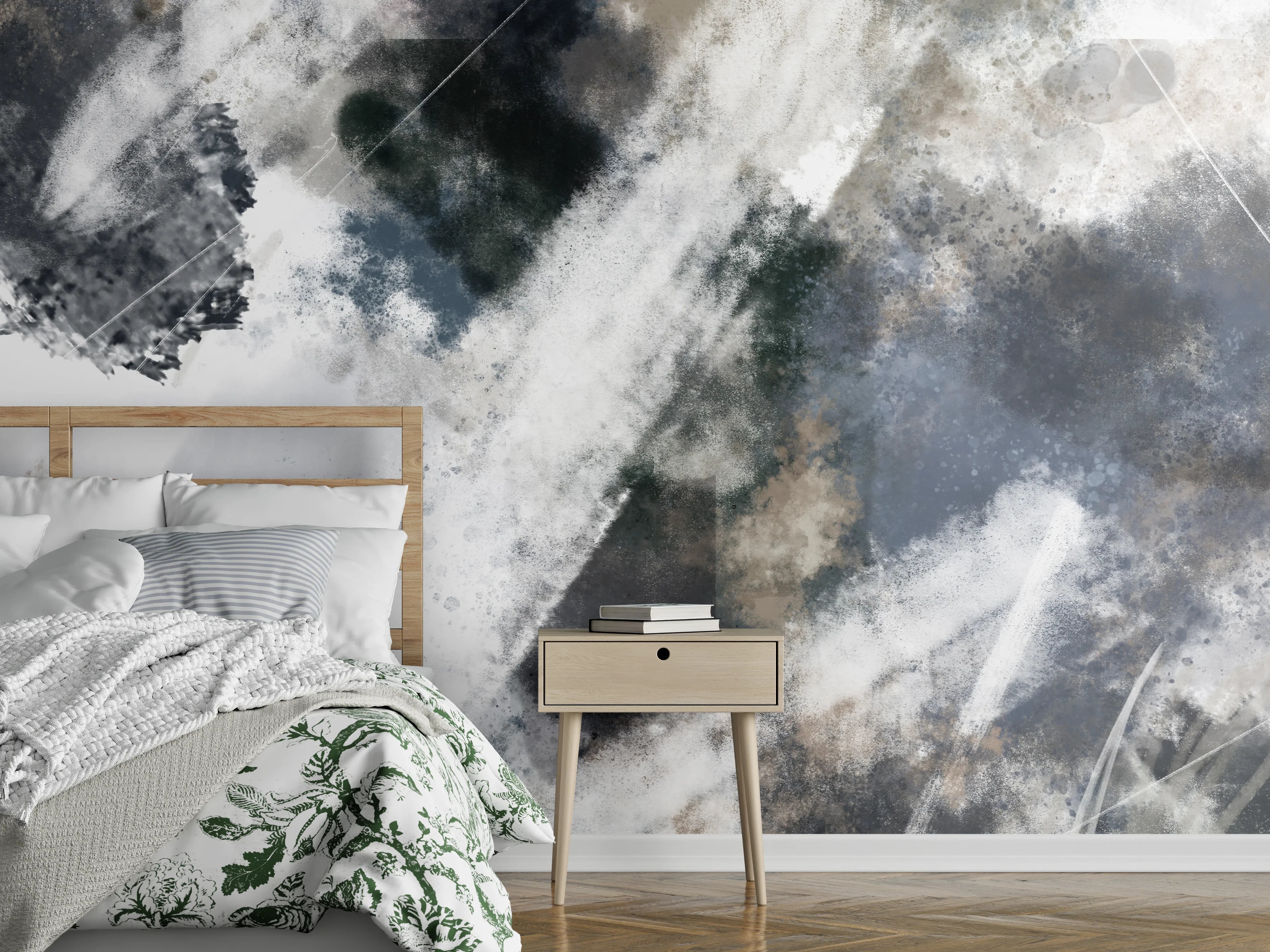 Wandverkleidung Schlafzimmer - Modernes abstraktes Weiß-Grau Wanddesign