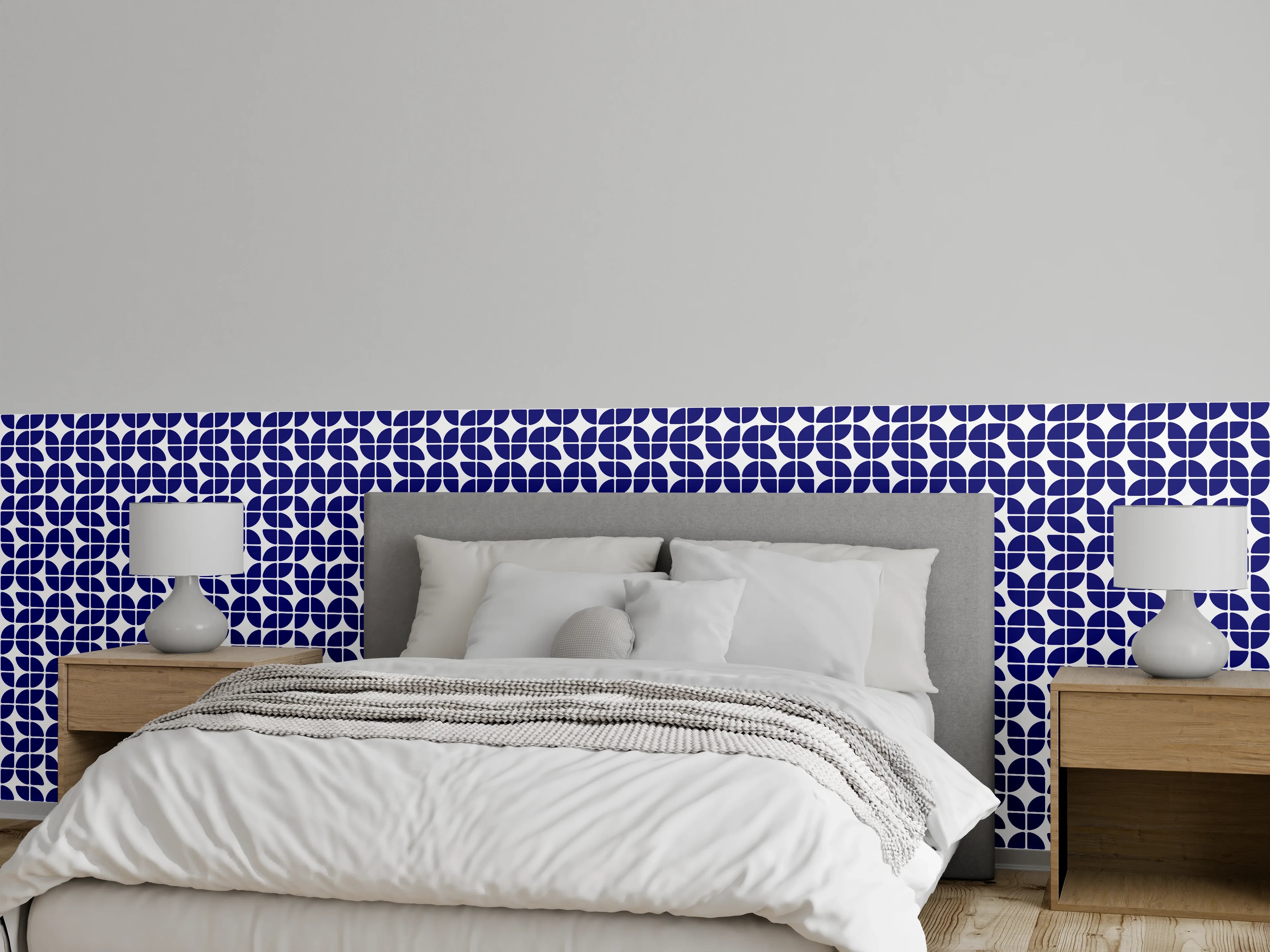 Wandverkleidung Schlafzimmer - Modernes geometrisches Fliesenmuster in Blau-Weiß