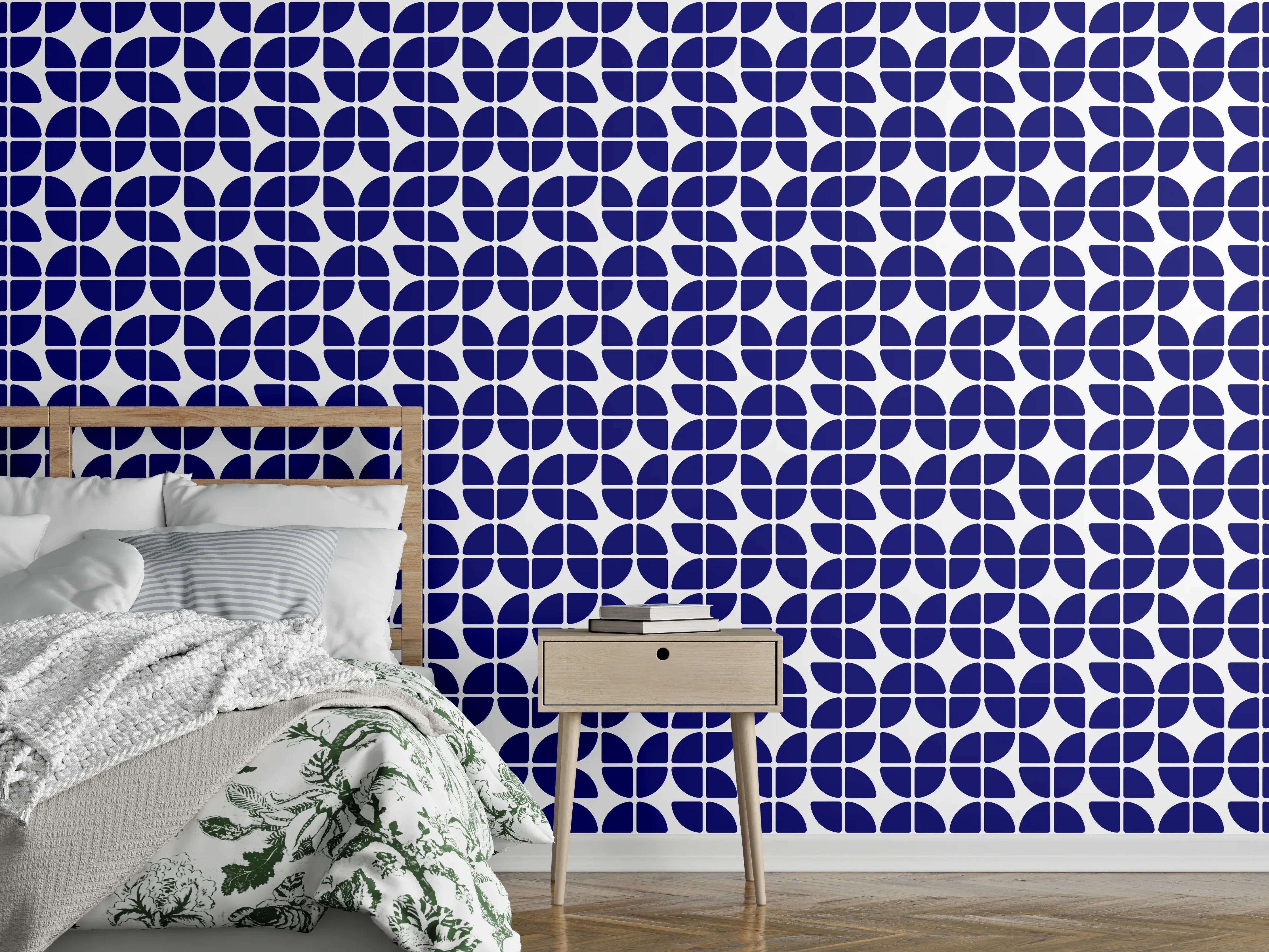Wandverkleidung Schlafzimmer - Modernes geometrisches Fliesenmuster in Blau-Weiß