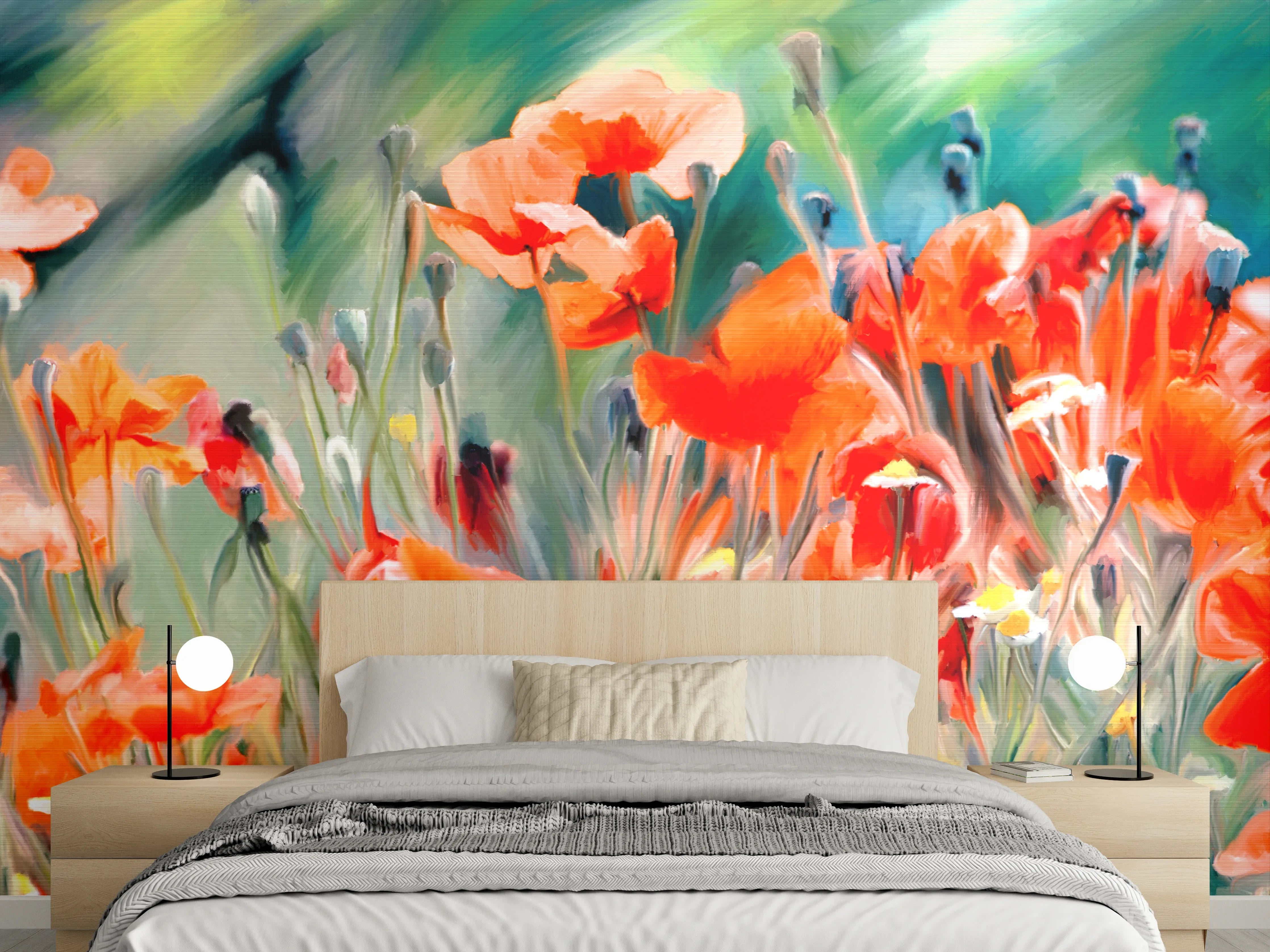 Wandverkleidung Schlafzimmer - Mohnblumen Aquarell Wiese Kunstbild