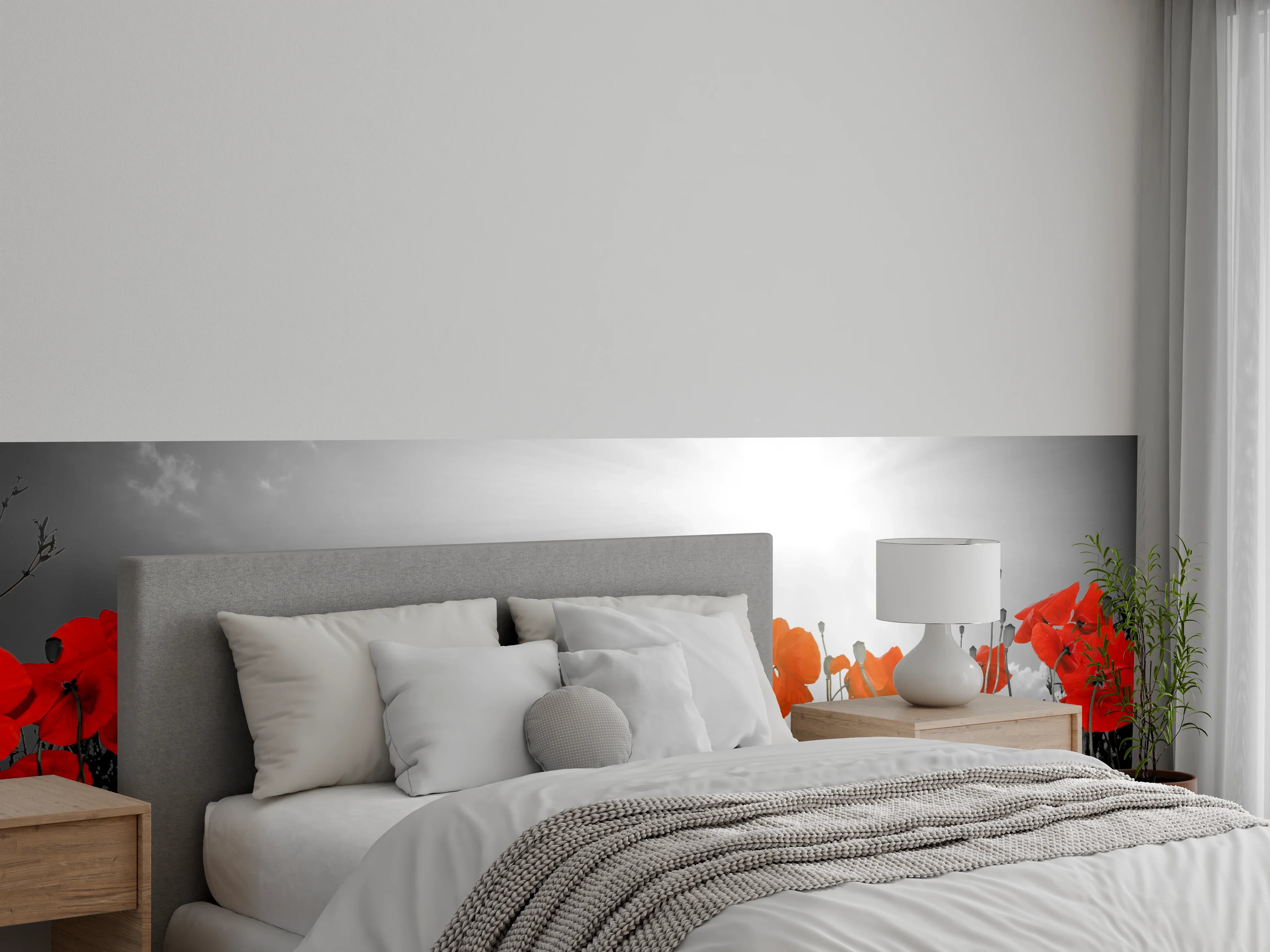 Wandverkleidung Schlafzimmer - Mohnblumen im Sonnenlicht Schwarz-Weiß