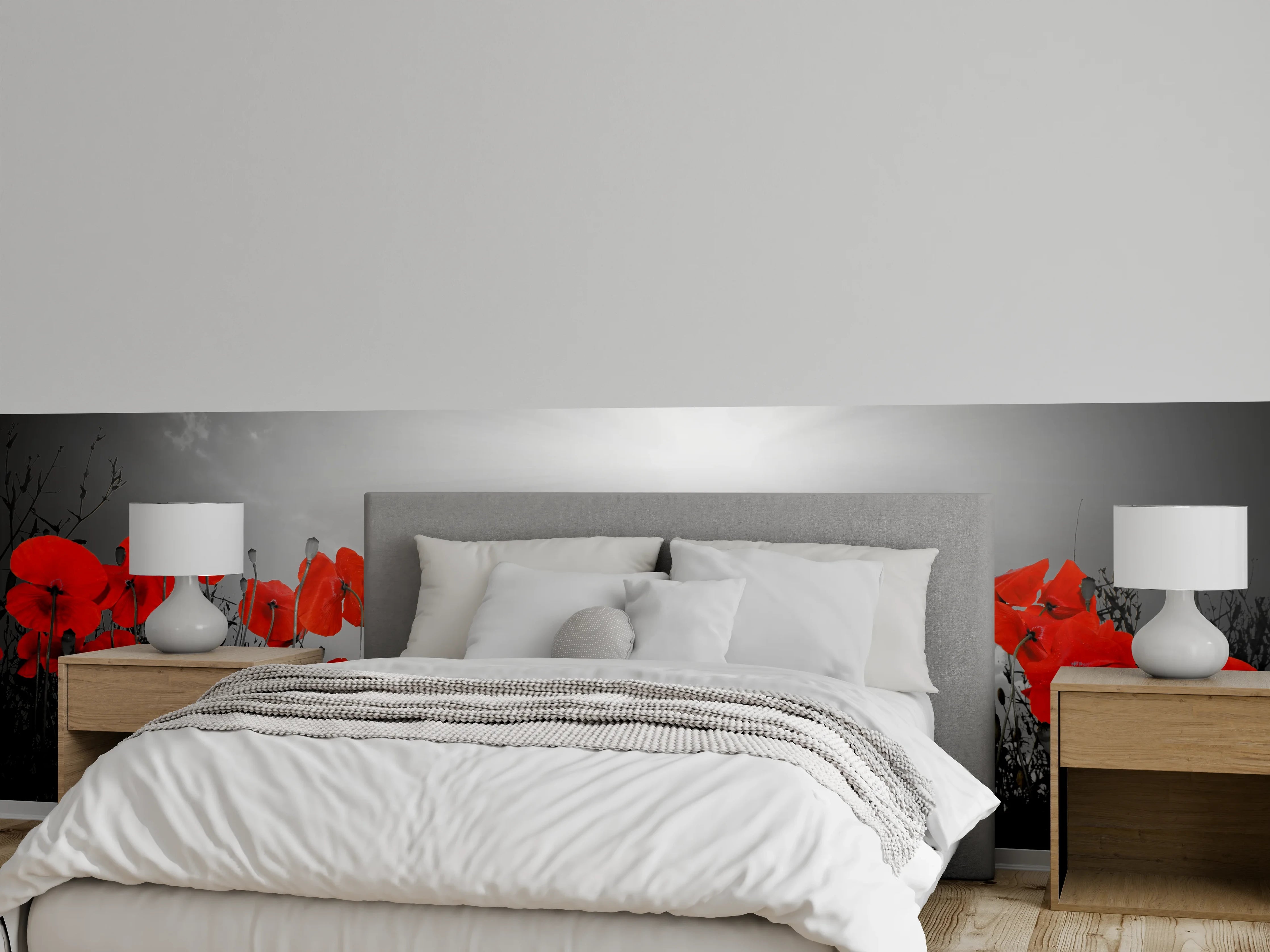 Wandverkleidung Schlafzimmer - Mohnblumen im Sonnenlicht Schwarz-Weiß