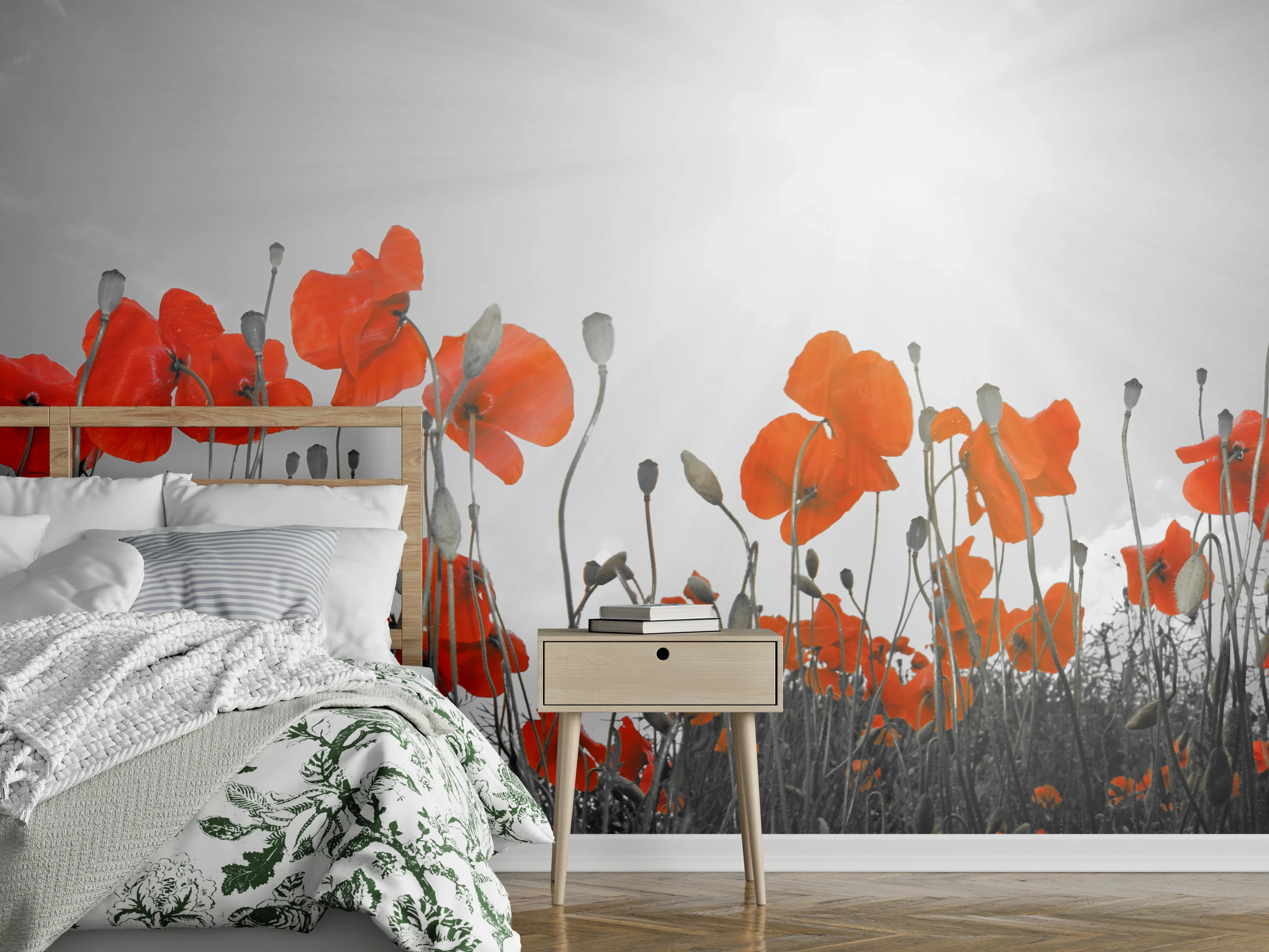 Wandverkleidung Schlafzimmer - Mohnblumen im Sonnenlicht Schwarz-Weiß