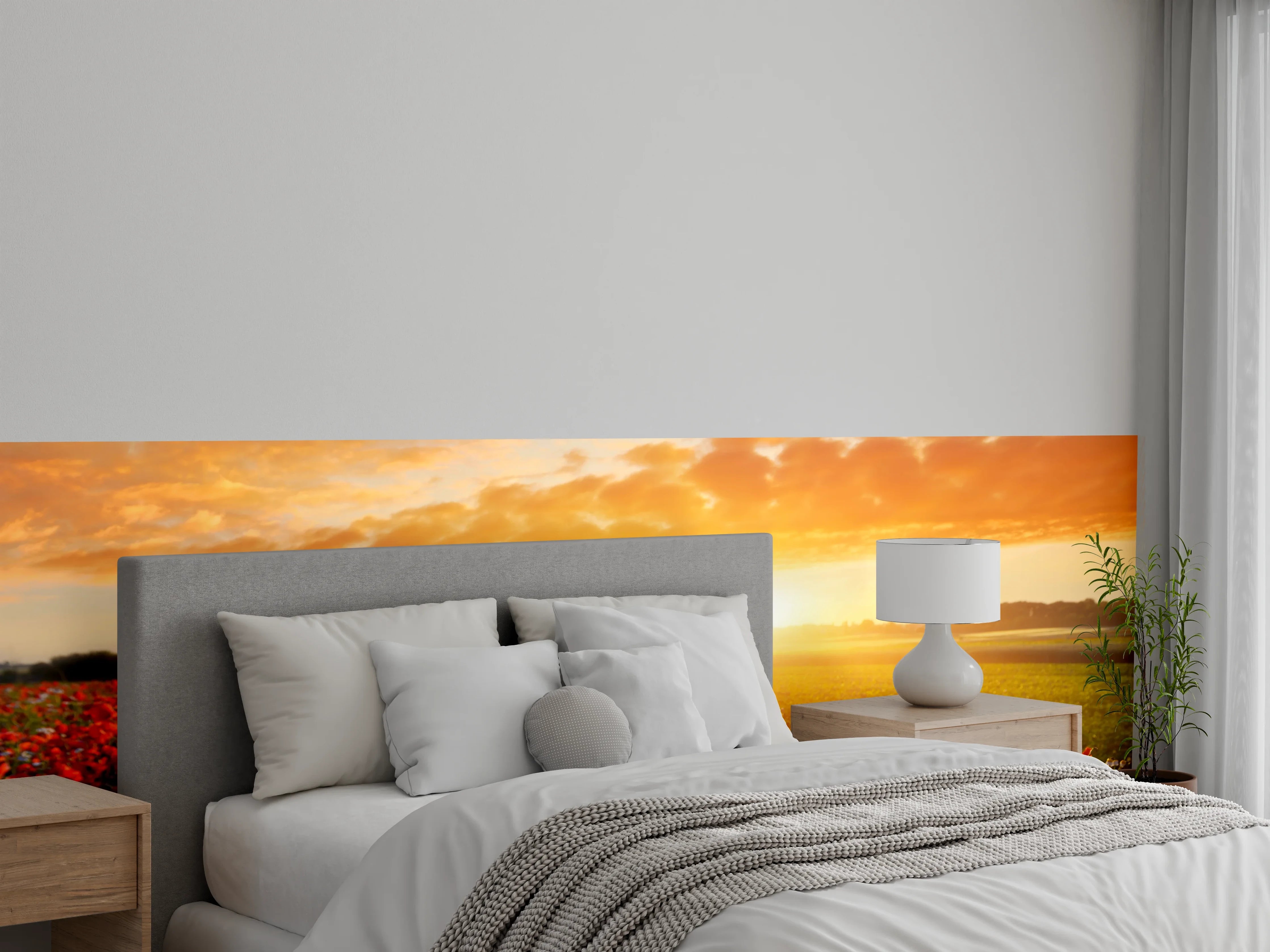 Wandverkleidung Schlafzimmer - Mohnblumenfeld bei Sonnenuntergang Wanddekor